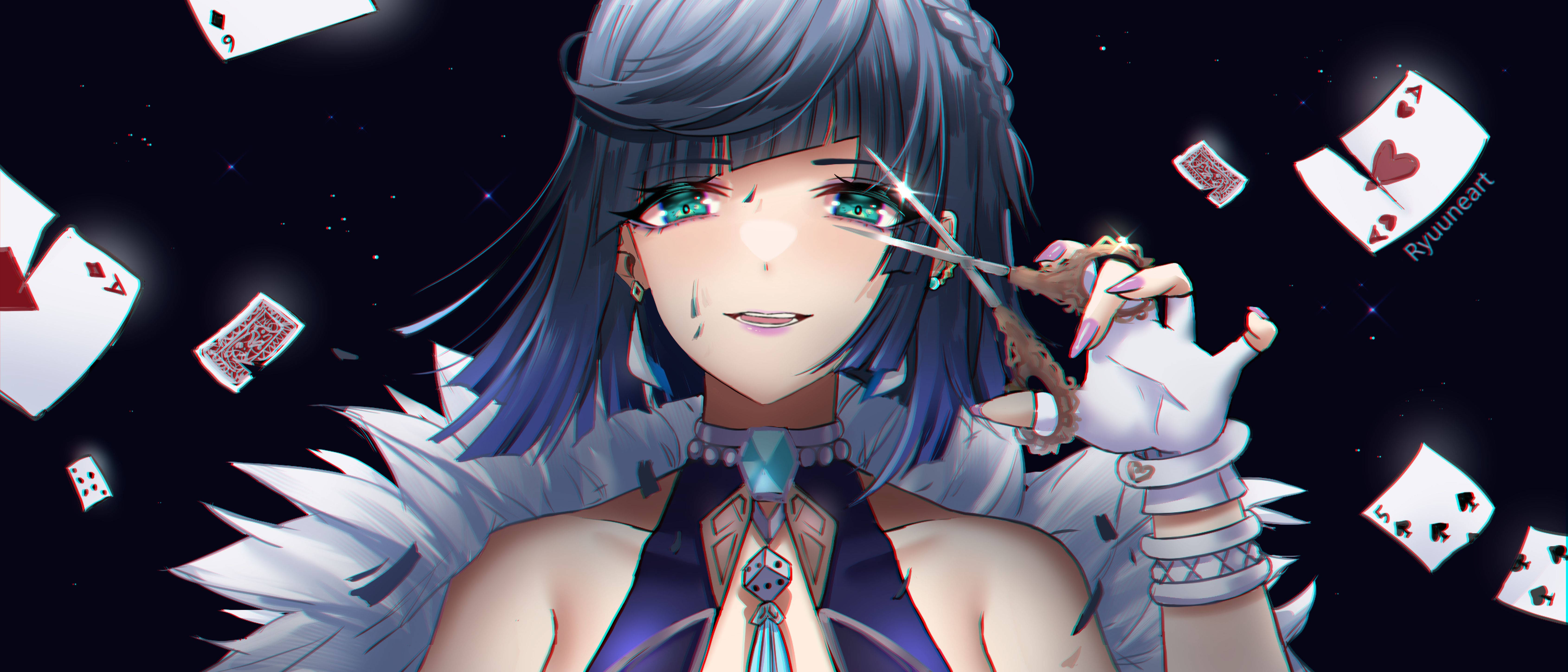 原神中的Yelan 壁紙 — 一個風格化的動漫女孩，銀色頭髮和綠色眼睛，在繁星點點的夜空背景下，手持匕首，周圍漂浮著撲克牌。
