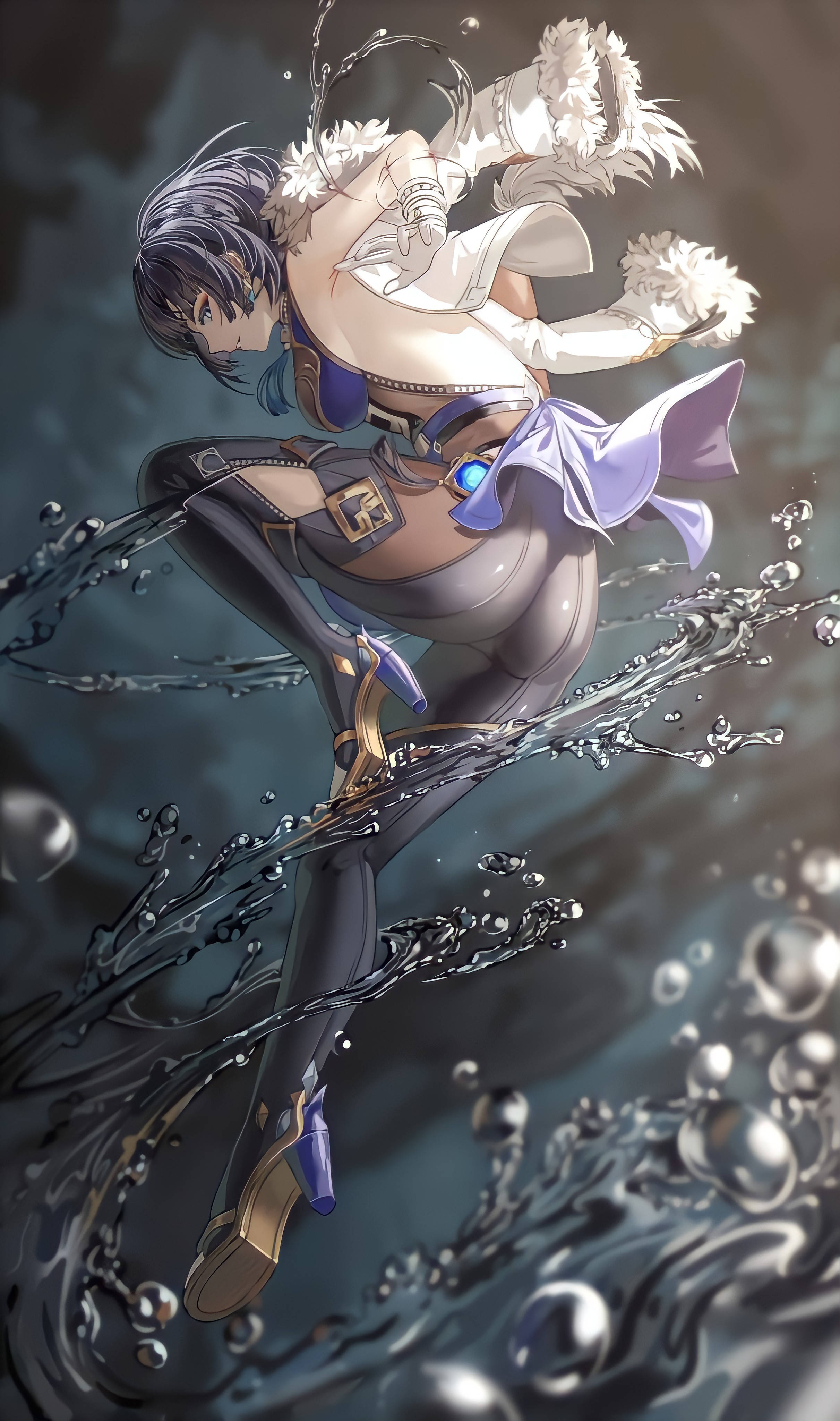 原神五星角色夜蘭 壁紙 — 一位黑髮白色毛皮點綴的動漫女孩，在黑暗的水中動態跳躍，產生戲劇性的水花和氣泡。