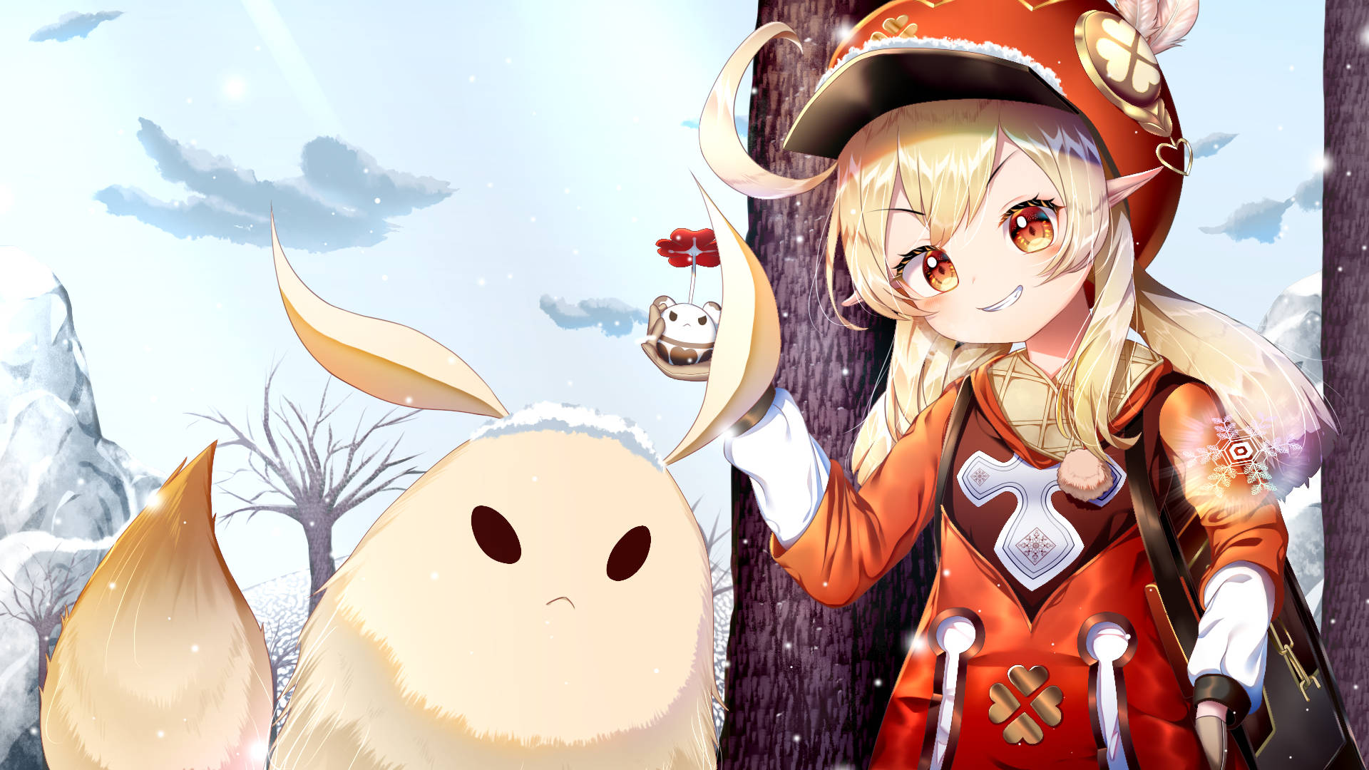 動漫女孩穿著紅色冬季裝備，在雪森林中微笑站在毛茸茸的白色生物旁邊。