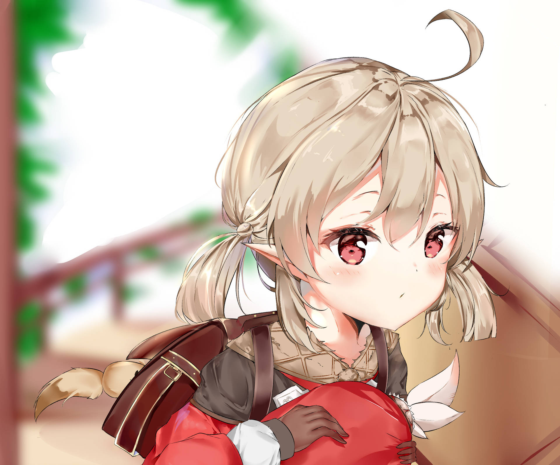 金髮紅眼嘅動漫女仔攬住一個紅色枕頭。