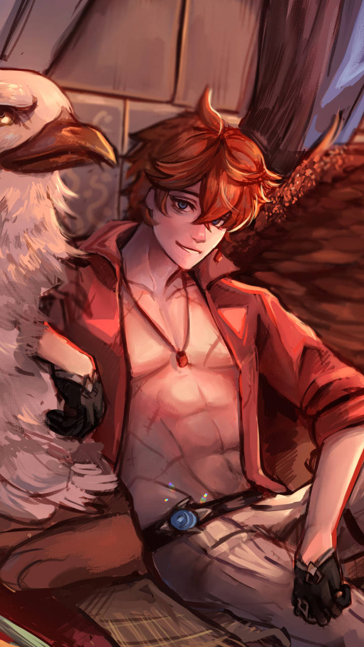 紅髮年輕動漫男子與白色小鳥在舒適的室內環境中。