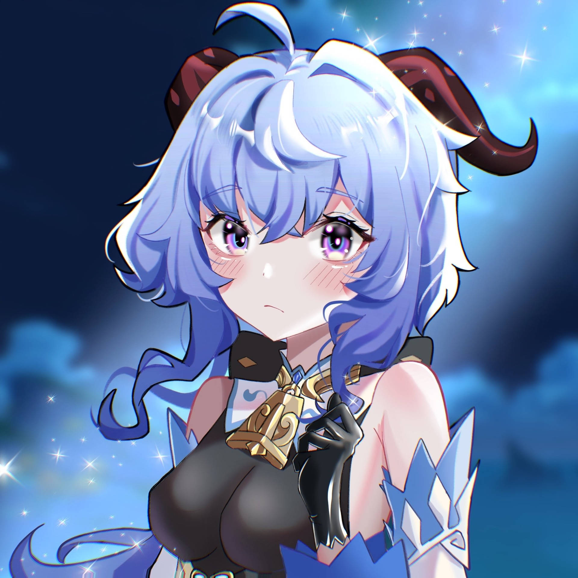 藍髮有角嘅動漫女孩，背景係星空。 — 原神 壁紙