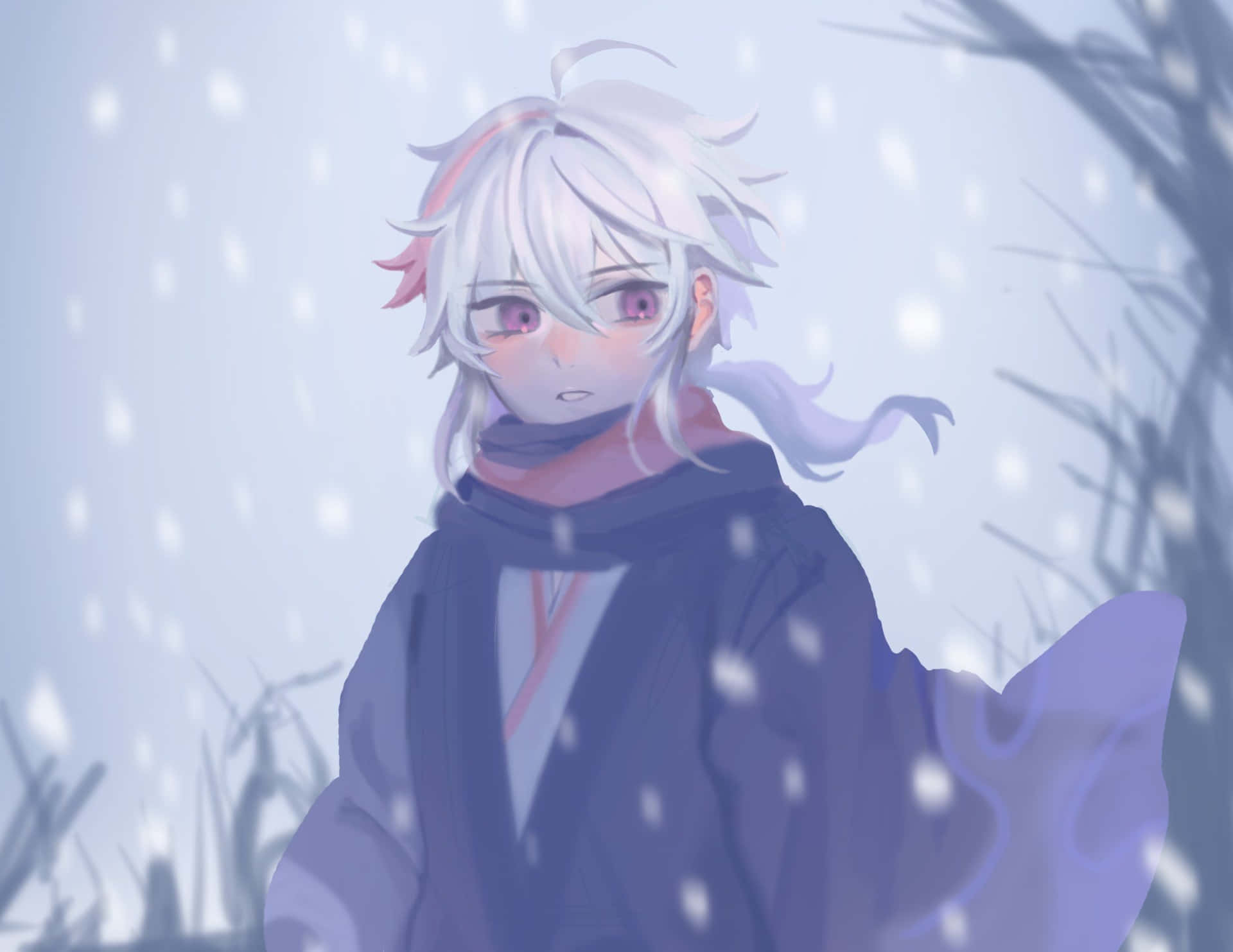 白髮粉紅眼睛的動漫角色站在飄落的雪中。