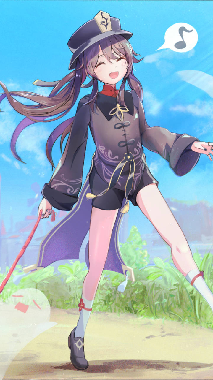 穿著紫色服裝的動漫女孩在天空下與音符一起跳舞