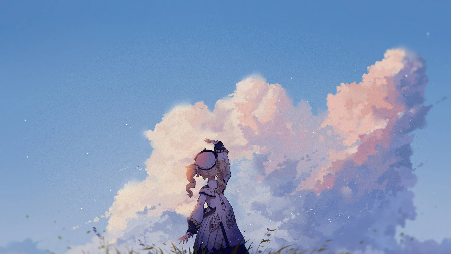 動漫女孩穿著紫色連衣裙站在山丘上看著心形雲。