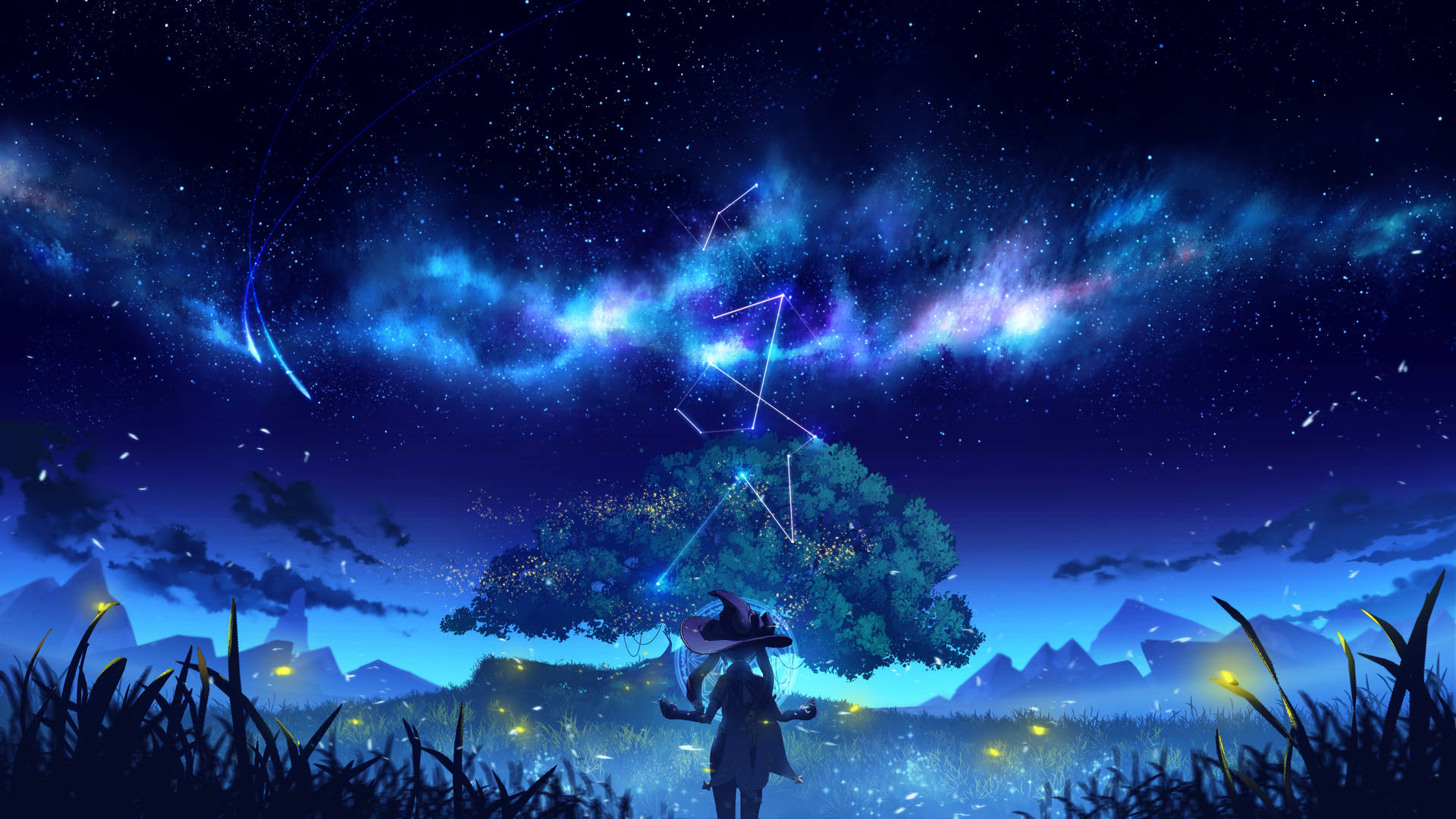 一個巫婆在魔法樹下，星空中有發光的星座。