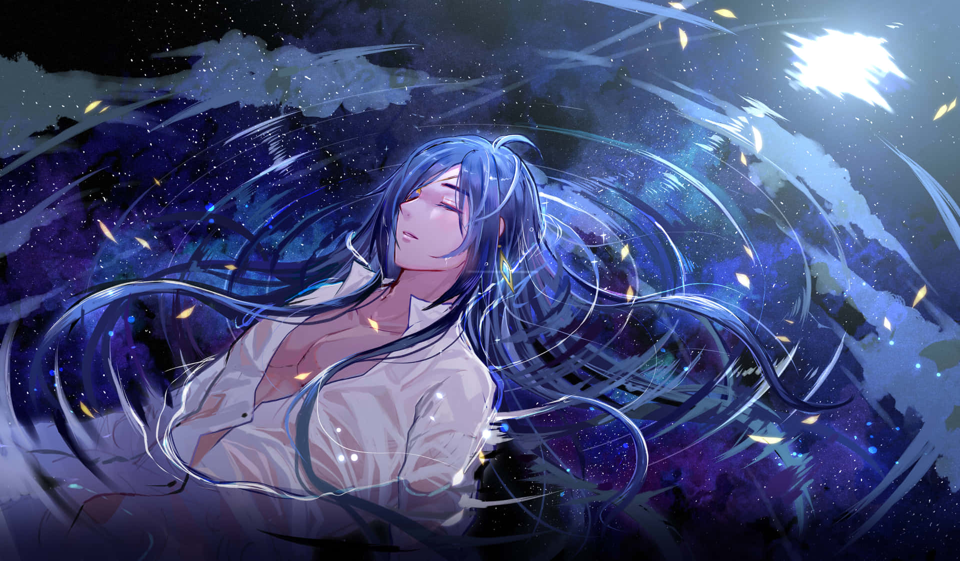 藍色頭髮的動漫角色，在夜晚漂浮於星星和發光粒子的宇宙漩渦中。