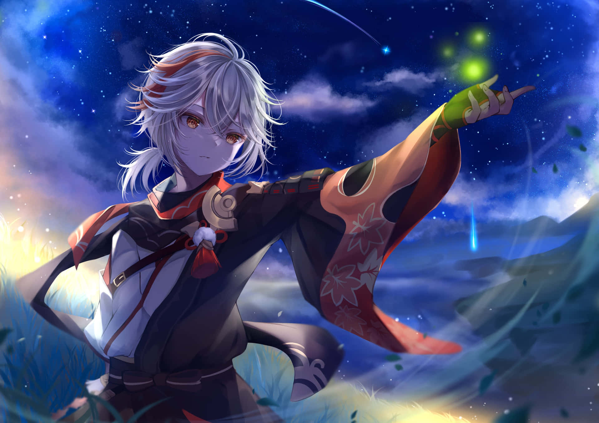 動漫角色在星空下施展綠色魔法