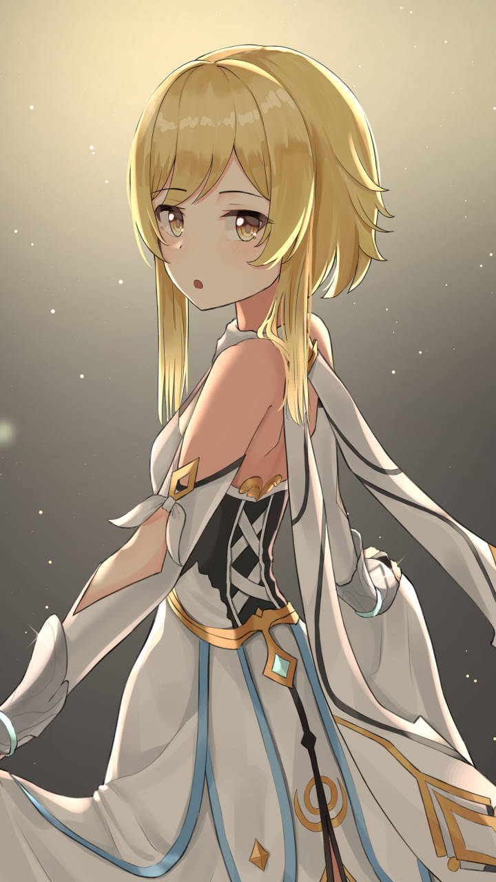金髮動漫女孩穿著白色和金色連衣裙，站在星光背景前。