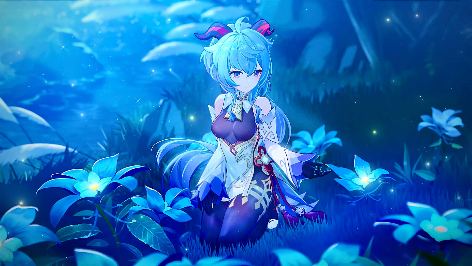 藍髮動漫女孩在星空下跪在發光的藍色花朵中。