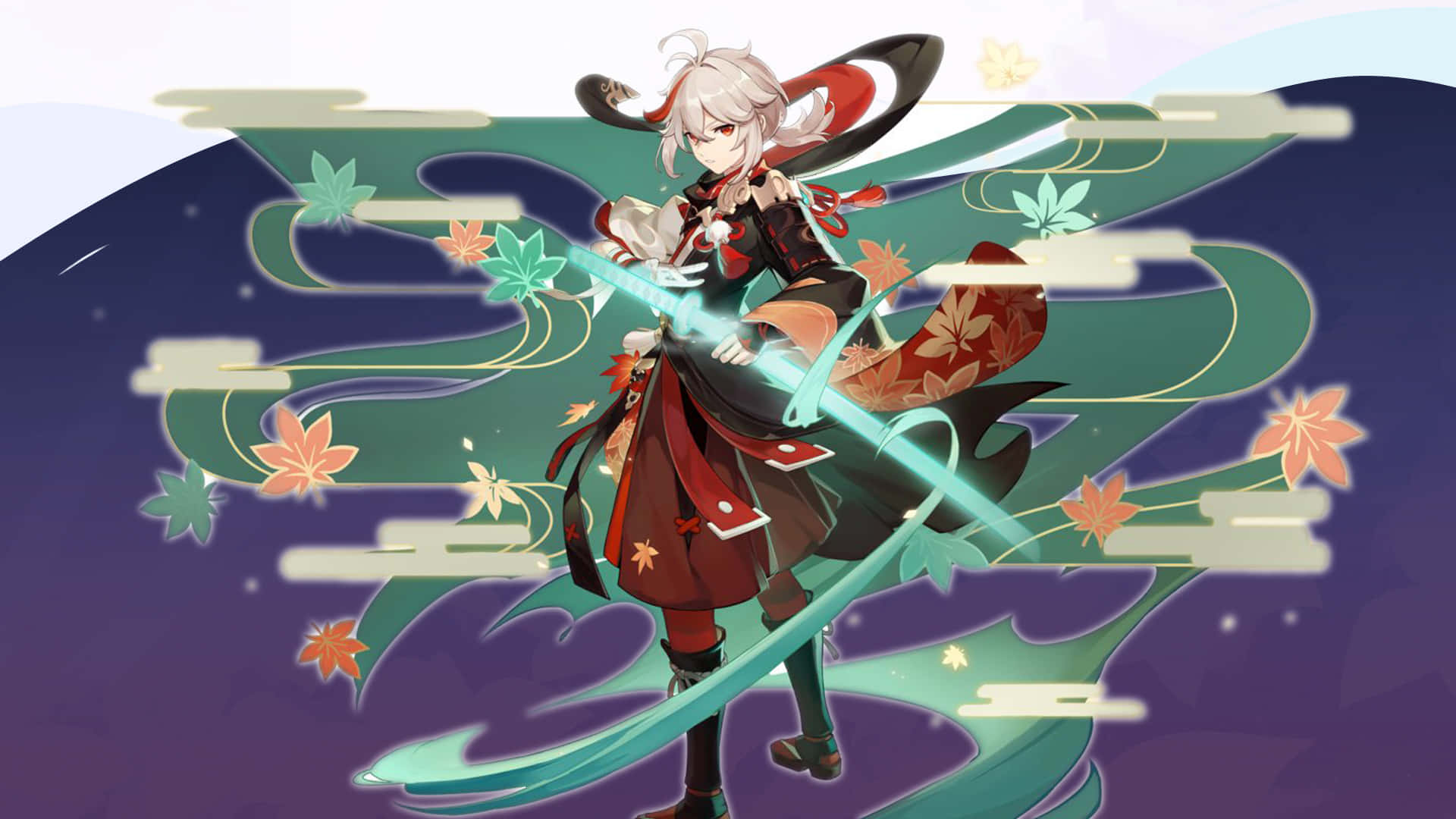 身穿紅色和服的動漫少女揮舞著發光的劍，秋葉在她周圍旋轉。