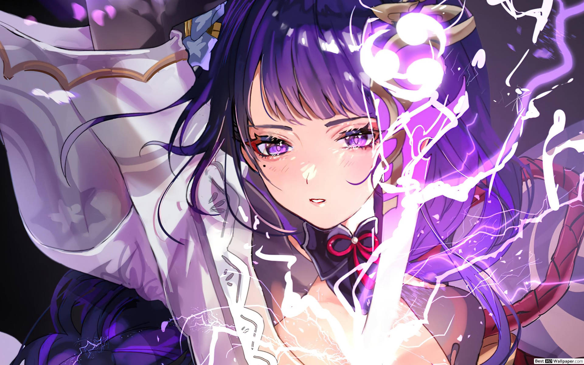 紫髮、眼睛發光的動畫女孩引導電魔法。
