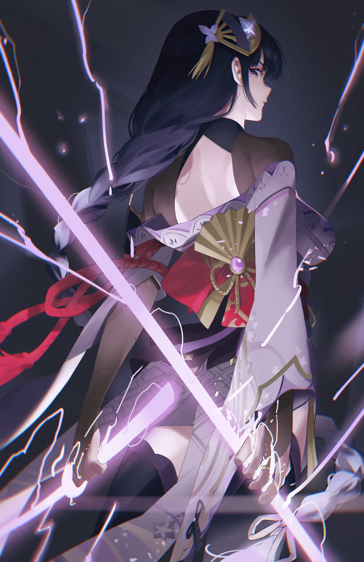 穿著傳統服飾的動漫少女以動態姿勢揮舞著發光的紫色閃電。