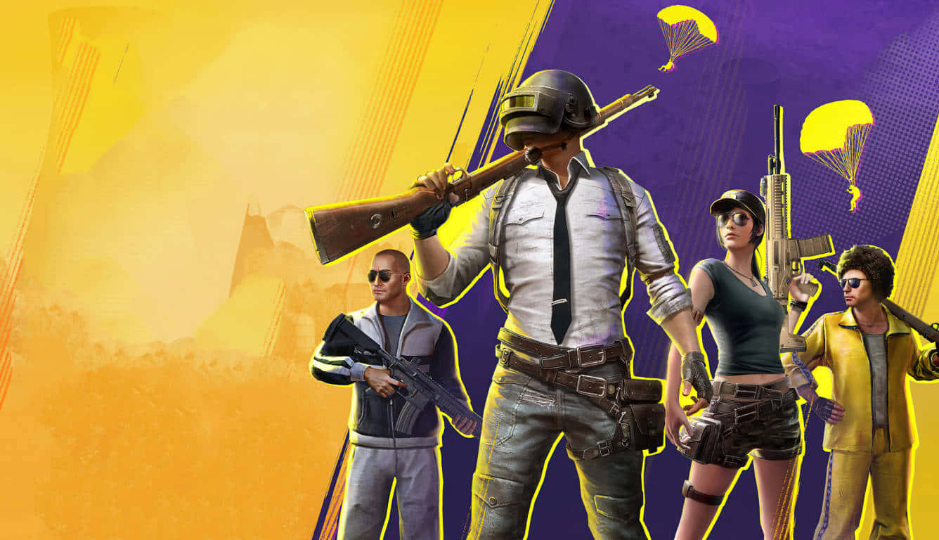 參與PUBG第17季戰鬥 壁紙 — 四名風格化的遊戲角色身穿戰鬥裝備，在充滿活力的黃紫漸變背景上自信站立，配有降落傘。