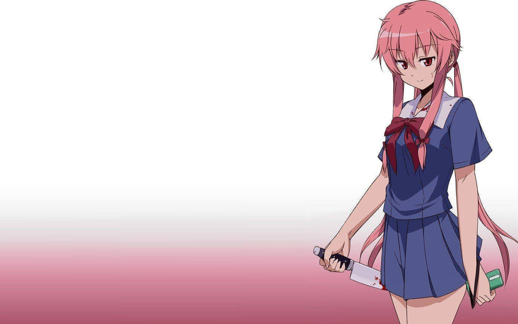 友奈·加賽校服 壁紙 — 粉紅色頭髮的動漫女孩穿著藍色校服，在柔和的粉紅色漸變背景前拿著一把血淋淋的刀。