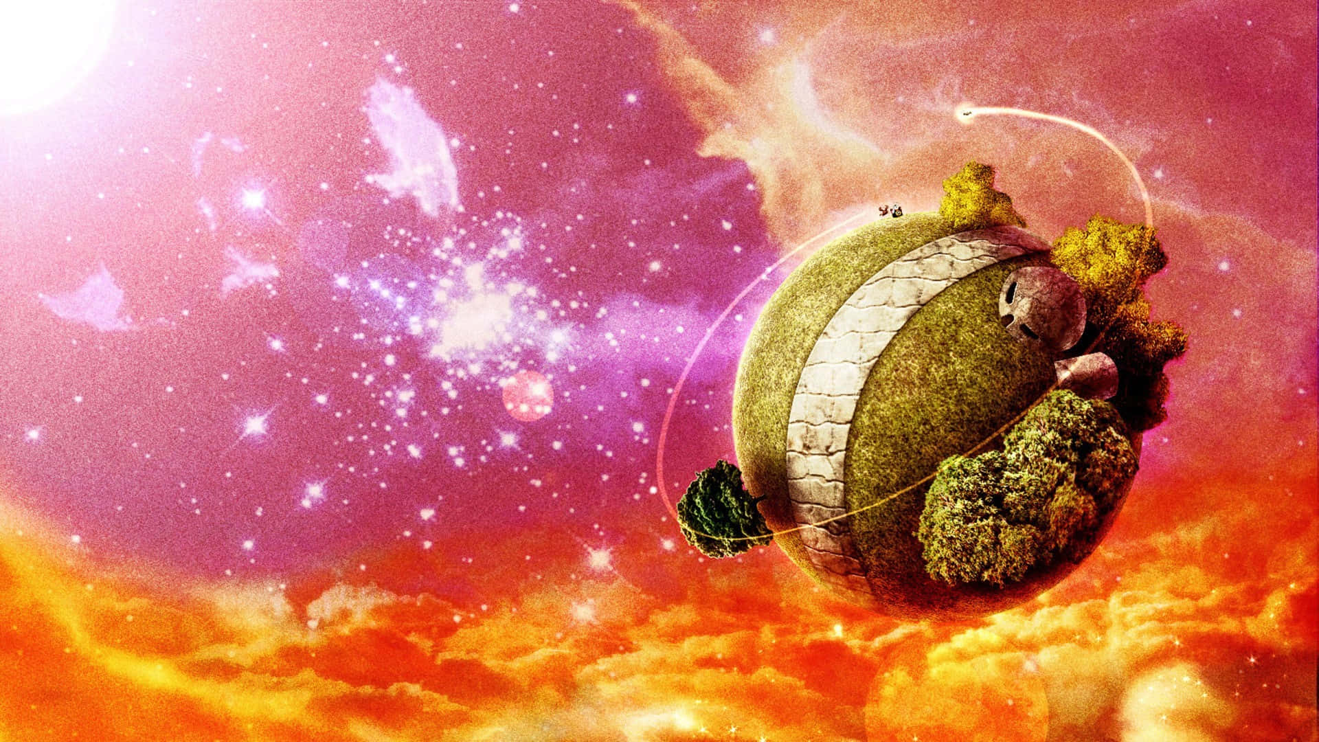 「友情的力量在龍珠Z中閃耀」 壁紙 — 一個長滿苔蘚的行星帶著一條石帶，漂浮在充滿恆星和彩色星雲的充滿活力的宇宙天空中。