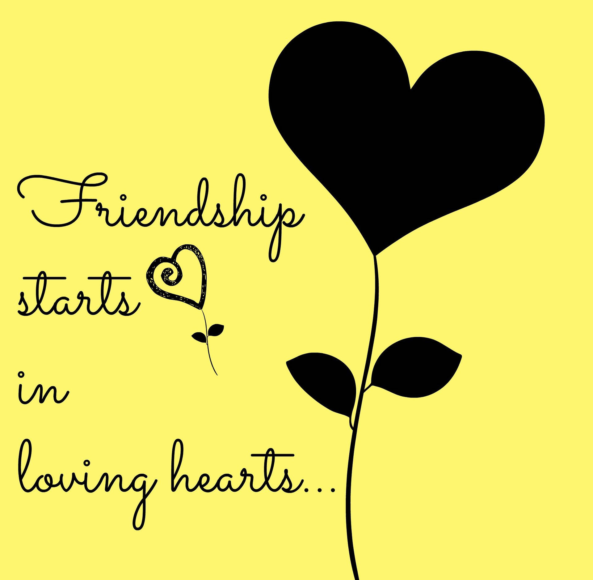 黑色心形花朵，黃色背景上寫著friendship starts in loving hearts