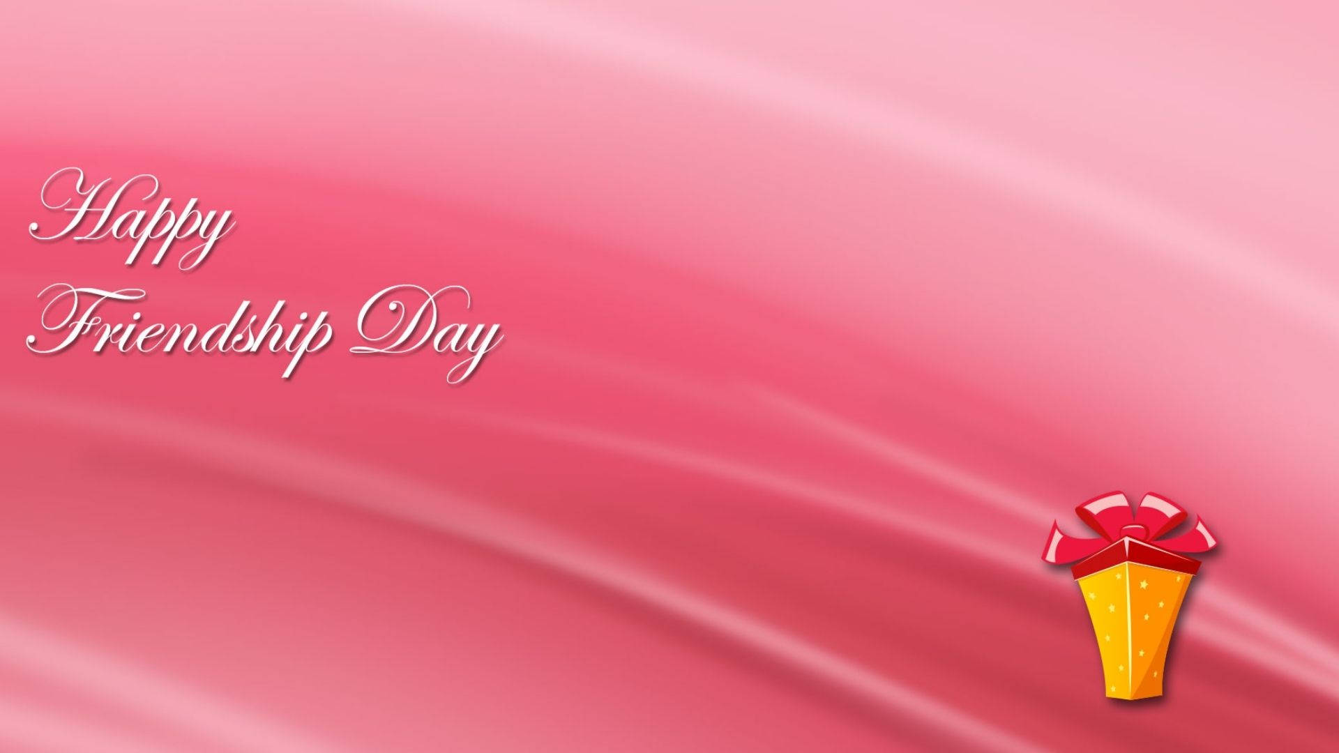 在粉紅色緞面背景上帶有禮物盒的 Happy Friendship Day 問候