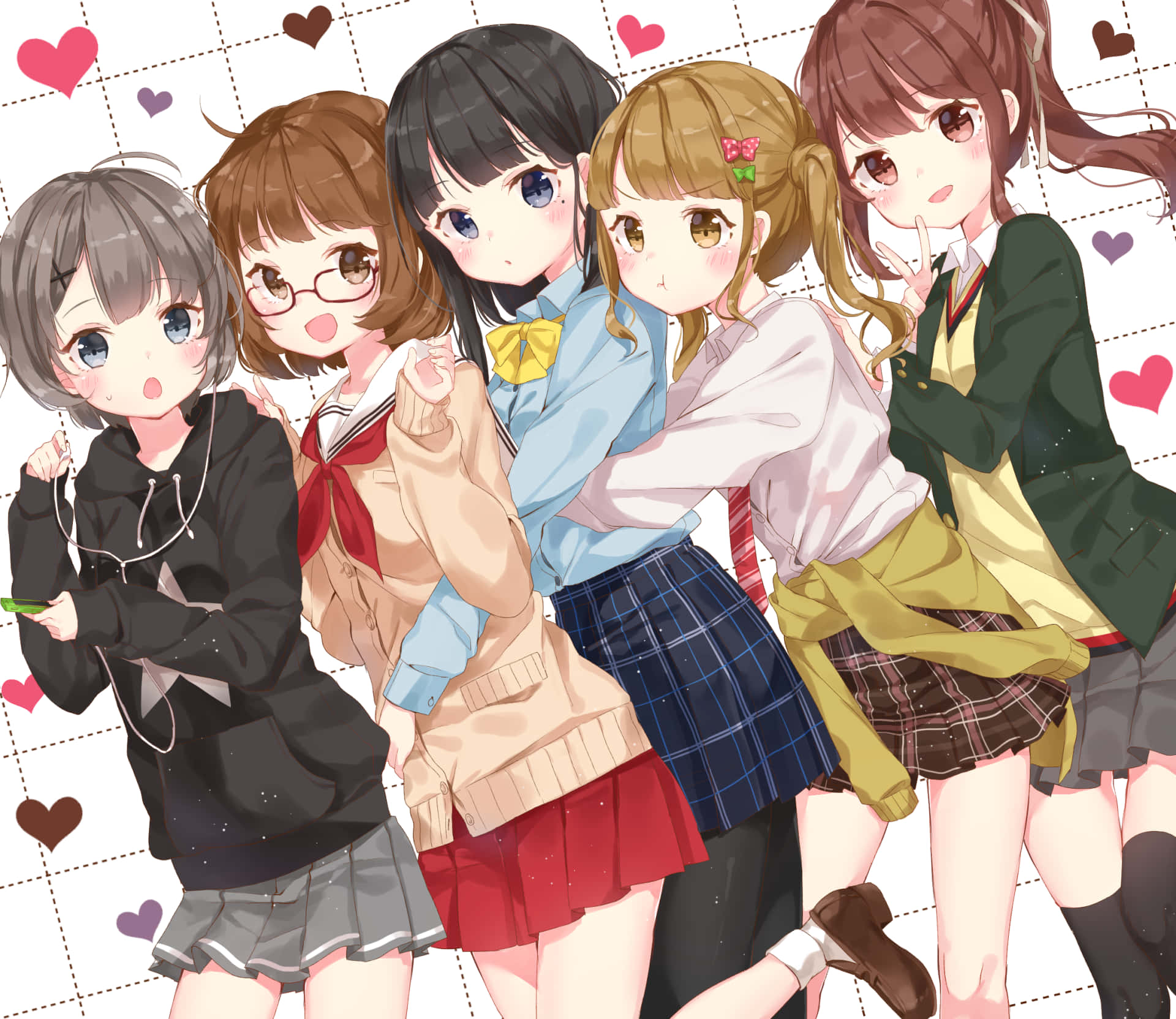 五個穿著校服的動畫女孩擺姿勢，周圍漂浮著愛心。