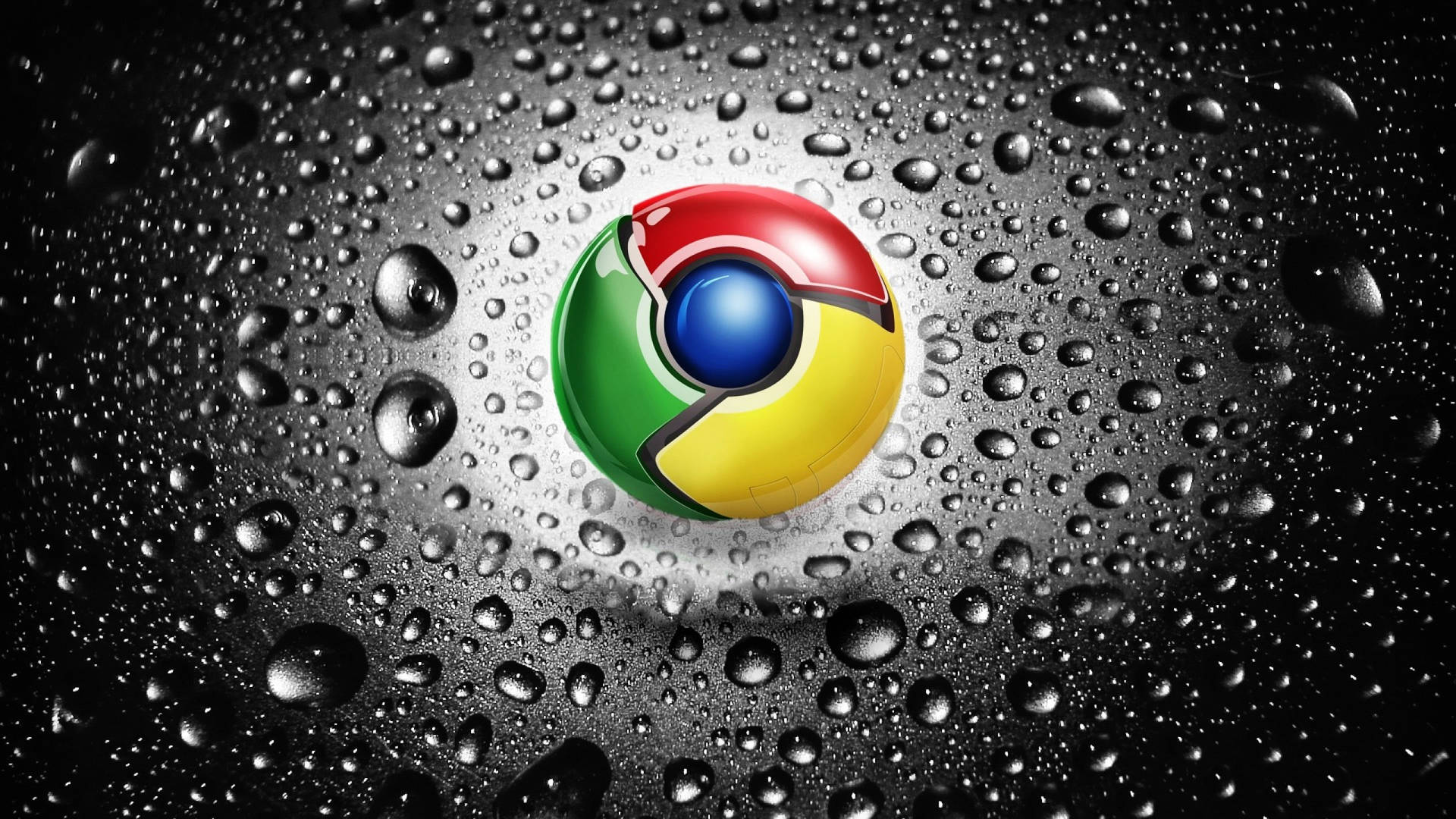 黑暗光澤表面上的 Chrome 標誌與雨滴