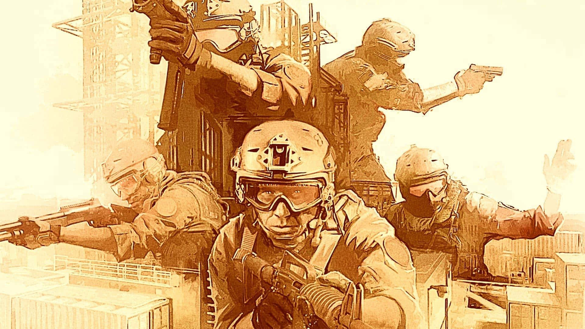 《反恐精英：全球 Offensive》棕色戰鬥風背景 壁紙 — 戰術士兵戴著頭盔和裝備，在陽光照耀的城市廢墟中持槍前進。