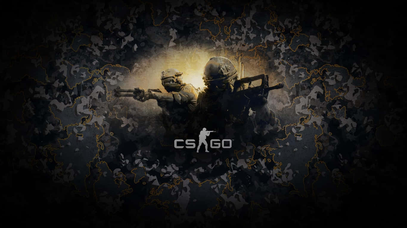 《反恐精英：全球 Offensive》激烈槍戰 壁紙 — 兩名身穿戰鬥裝備的戰術士兵在黑暗地圖主題背景上瞄準武器，背景帶有發光的金色輪廓。