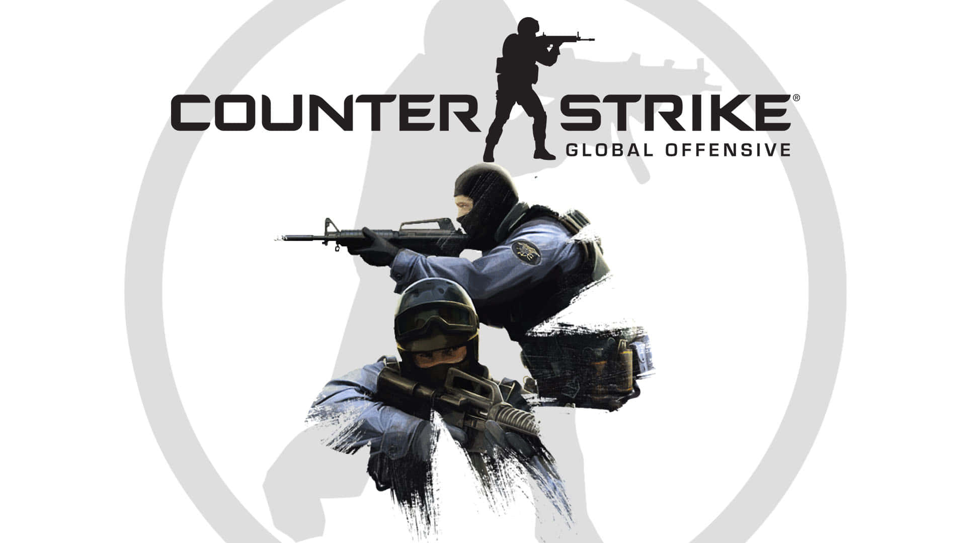 《反恐精英：全球 Offensive》灰色圓圈高清背景 壁紙 — 兩名身穿藍色制服的特種士兵在純白色背景前瞄準步槍，並帶有Counter Strike Global Offensive標誌。