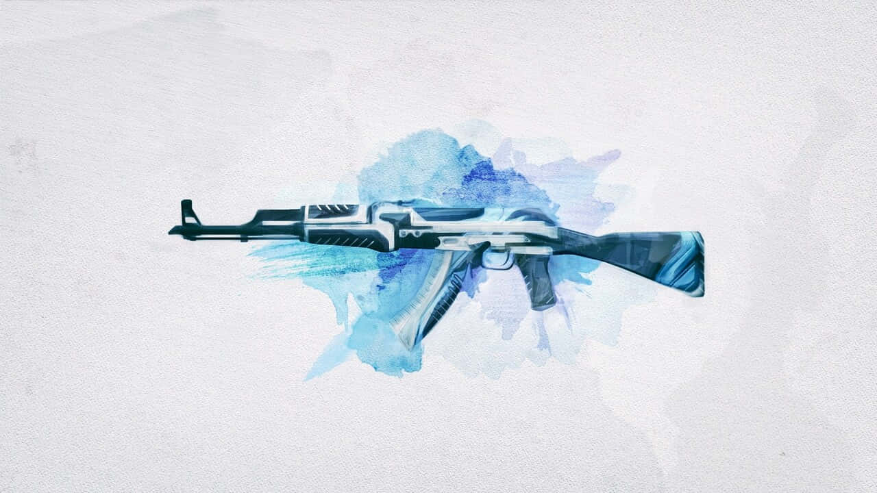 《反恐精英：全球 Offensive》720p 背景——AK-47 配備「維克多」皮膚 壁紙 — 一支風格化的AK-47步槍，以藍色水彩潑濺呈現在有紋理的白色背景上。