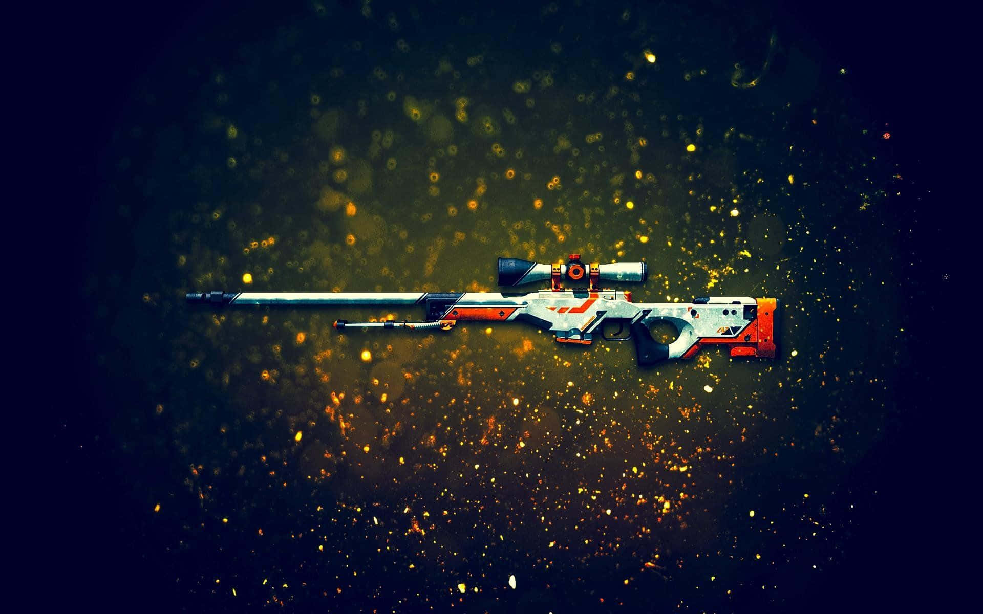 《反恐精英：全球 Offensive》AWP 武器皮膚桌面壁紙 壁紙 — 一支時尚的未來主義狙擊步槍，帶有橙色和白色點綴，在黑暗背景中漂浮於發光的金色粒子之間。
