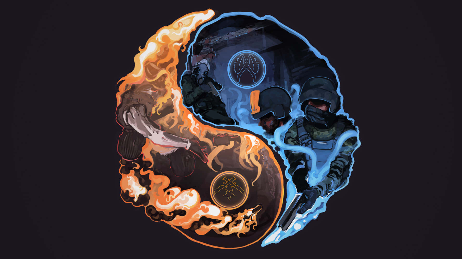 《反恐精英：全球 Offensive》陰陽圖騰背景 壁紙 — 一個陰陽符號分成火橙色和冰藍色兩半，每半都有武裝士兵穿著戰鬥裝備。