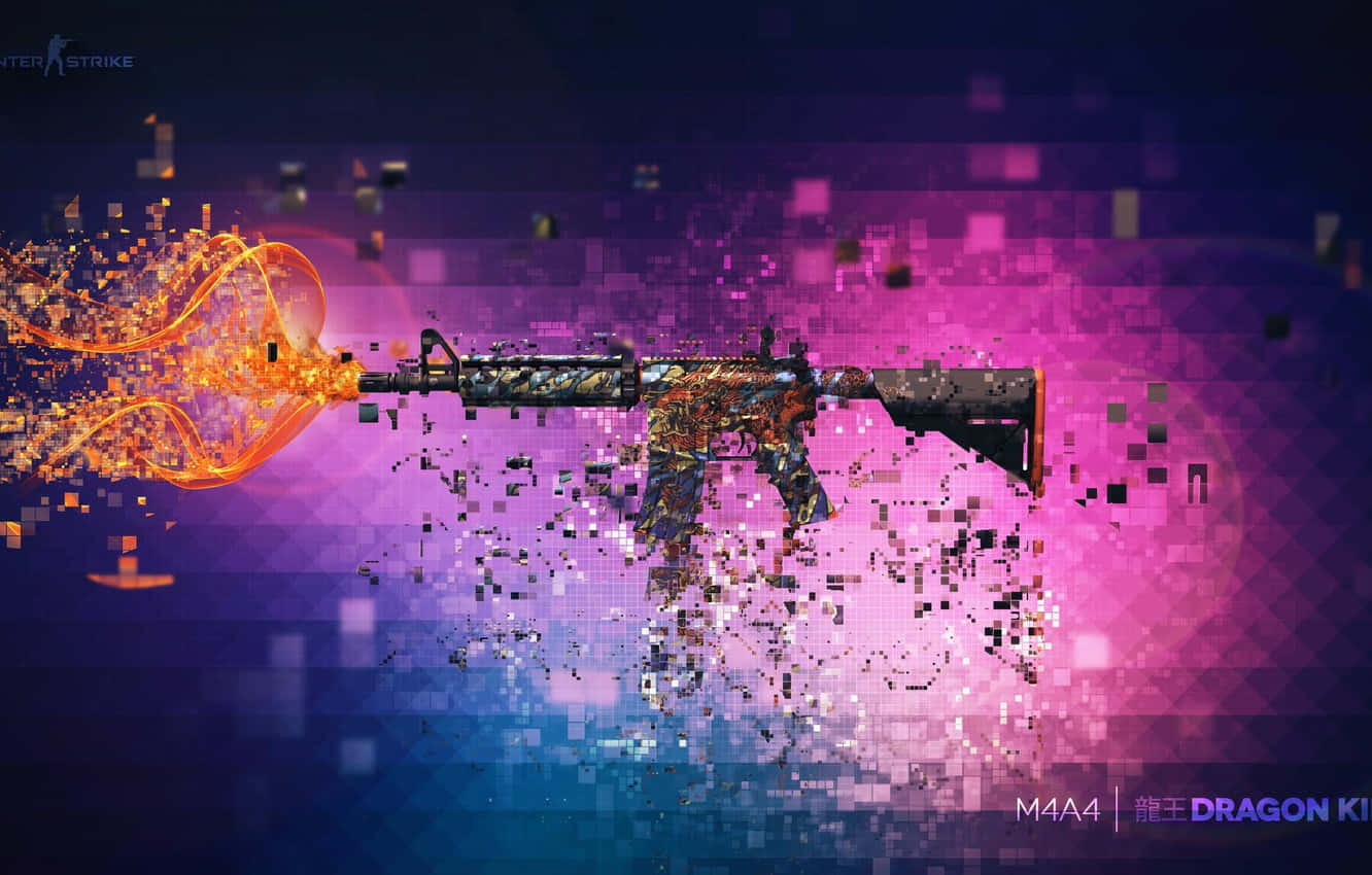 像素風格遊戲步槍在充滿活力的紫色和藍色背景上發射發光能量