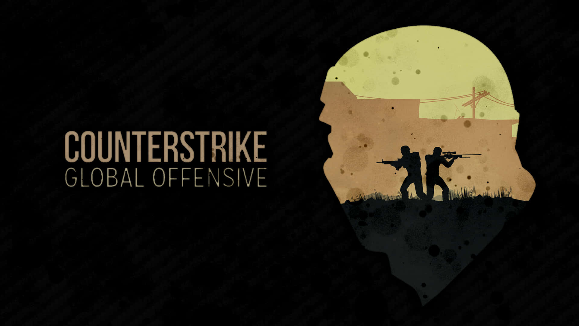 《反恐精英：全球 Offensive》1080p 矢量藝術圖 壁紙 — 剪影士兵在風格化的人頭剪影內，穿越戰火摧殘的景觀，背景為深色紋理。