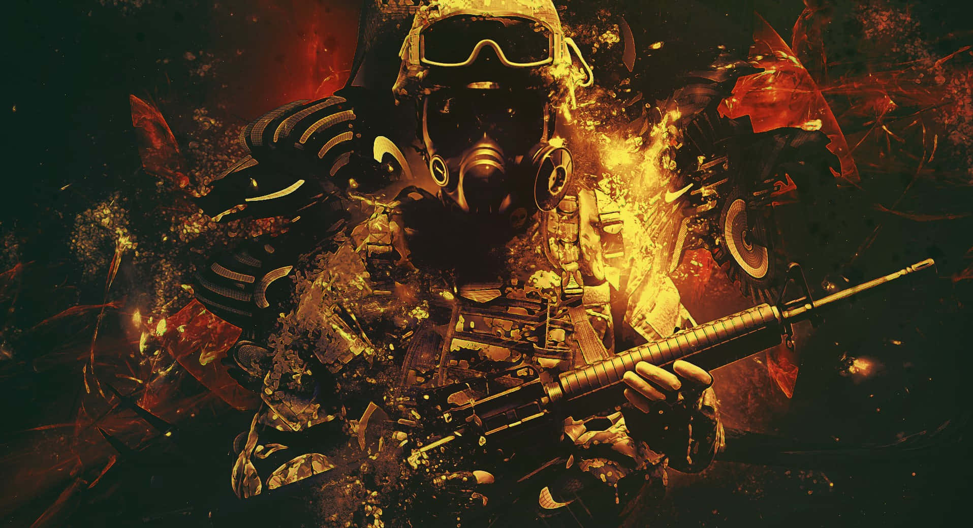 《反恐精英：全球 Offensive》戰鬥裝備高清背景 壁紙 — 一名戴著防毒面具和戰術裝備的士兵從猛烈爆炸中出現，在濃煙和熾熱火星中手持步槍。