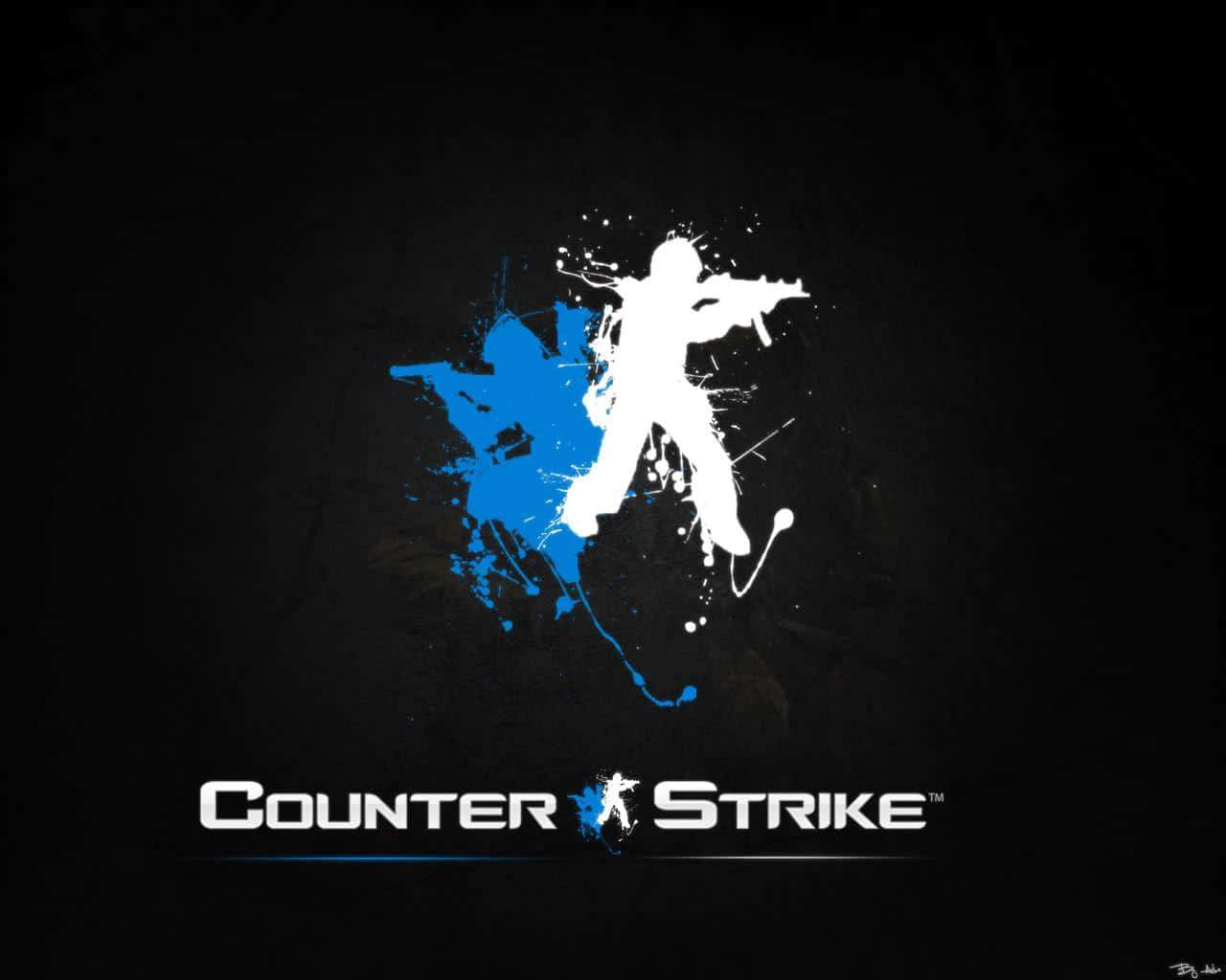 Counter Strike 標誌，帶有白色和藍色油漆飛濺的射手剪影。
