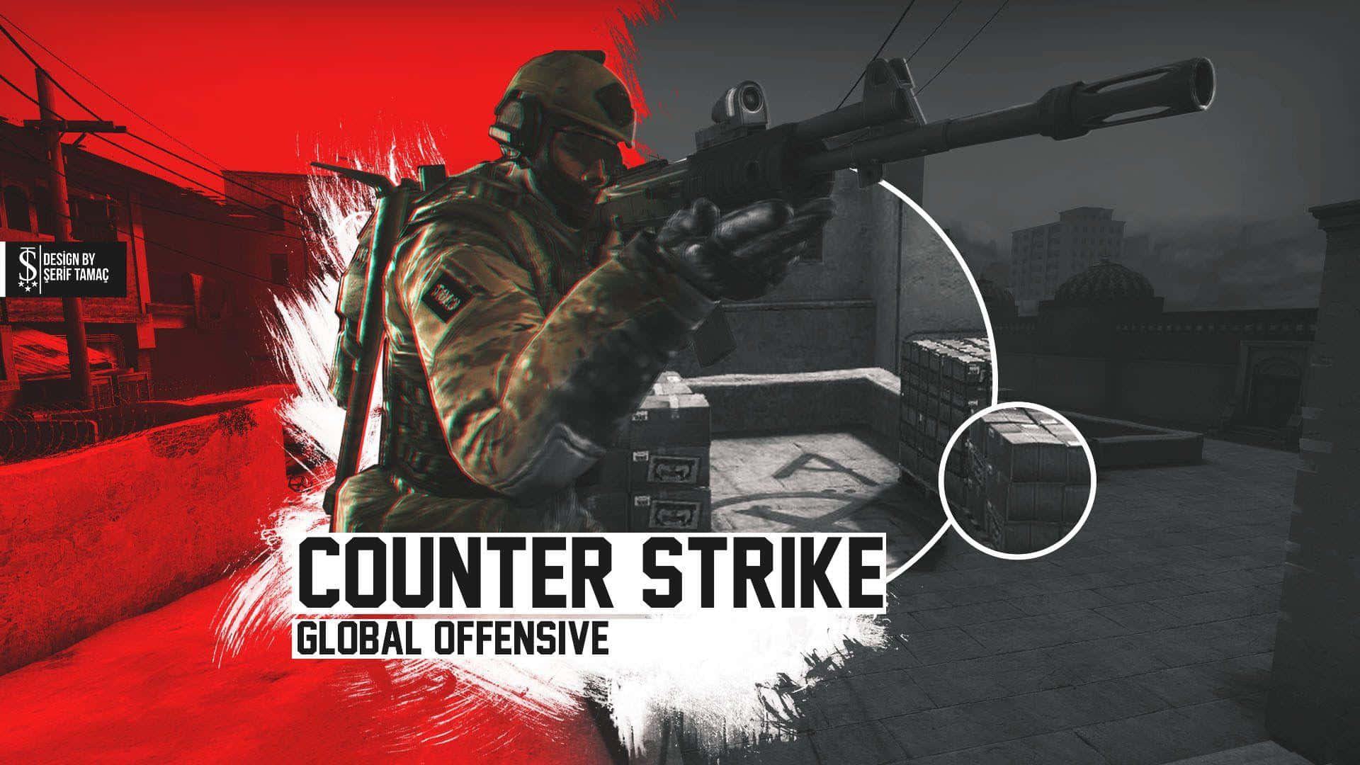 來自Counter Strike Global Offensive的城市戰鬥場景中瞄準步槍的士兵。