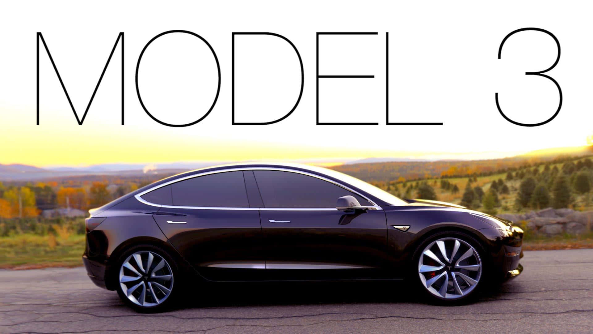 反應驚人且時尚的特斯拉Model 3 壁紙 — 一架時尚的黑色Tesla Model 3停泊在日落時分的鋪砌道路上，背景是起伏的丘陵和秋天的樹木。