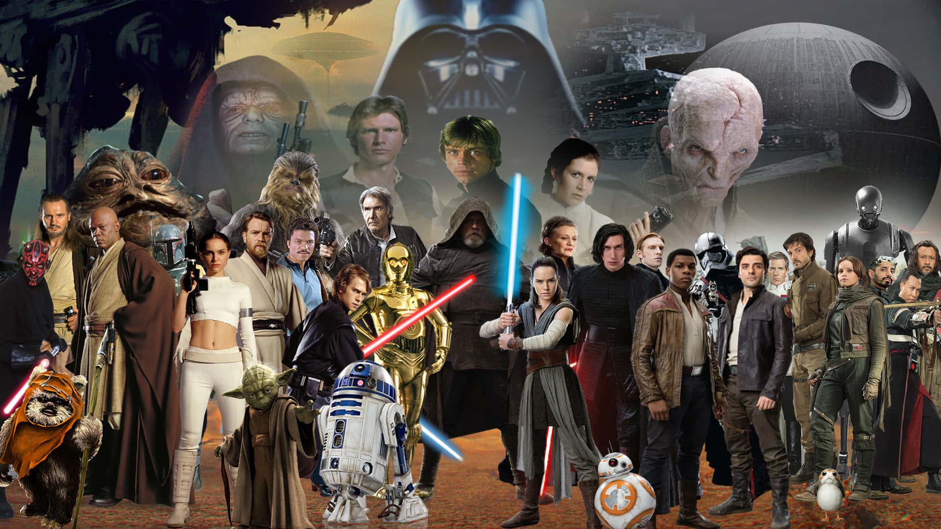 星際大戰角色，包括達斯維達、R2-D2和BB-8，在太空歌劇場景中。