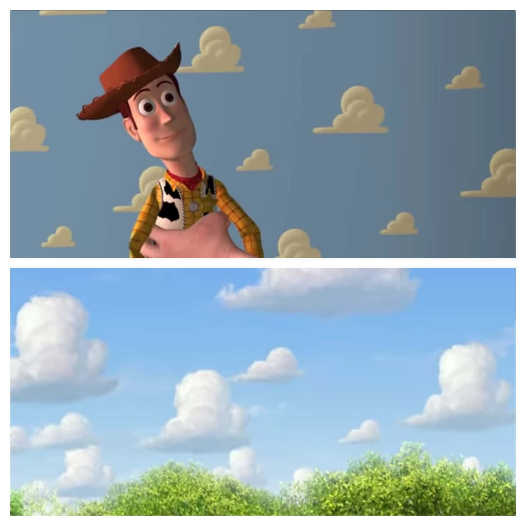 Toy Story Cloud 桌布 壁紙 — 《反斗奇兵》的胡迪在藍天白雲和綠樹上方微笑。