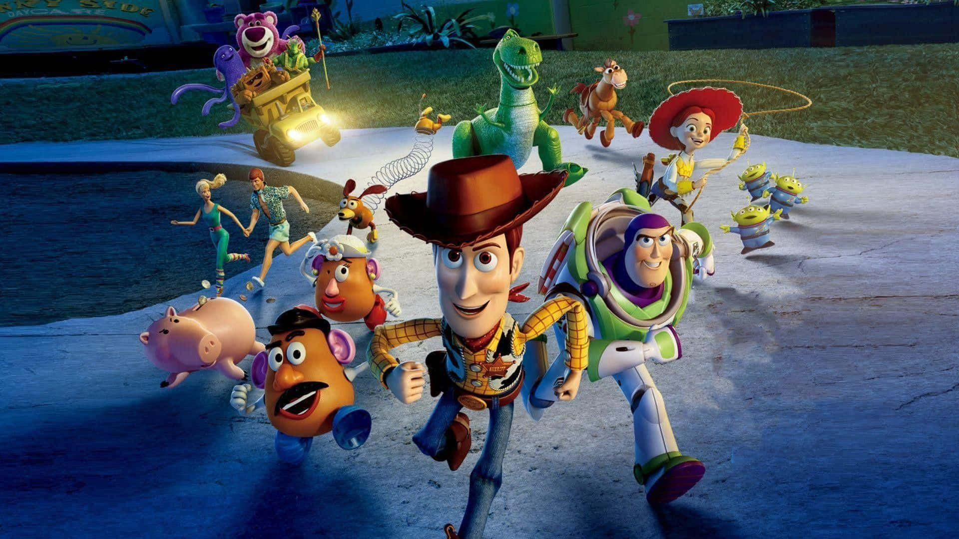Animation Movies 桌布 壁紙 — 《反斗奇兵》角色在明亮的日光下，以歡樂的能量在混凝土表面上飛馳。