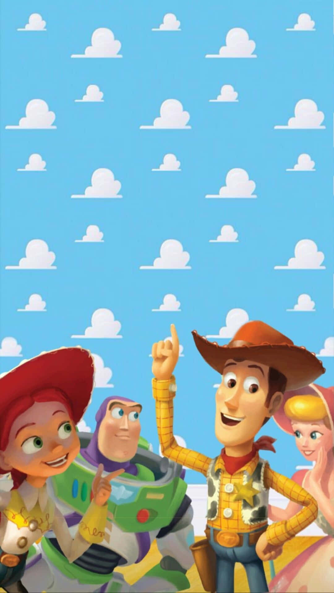 Toy Story Cloud 桌布 壁紙 — 反斗奇兵角色胡迪、巴斯光年及潔西在藍天白雲下微笑。