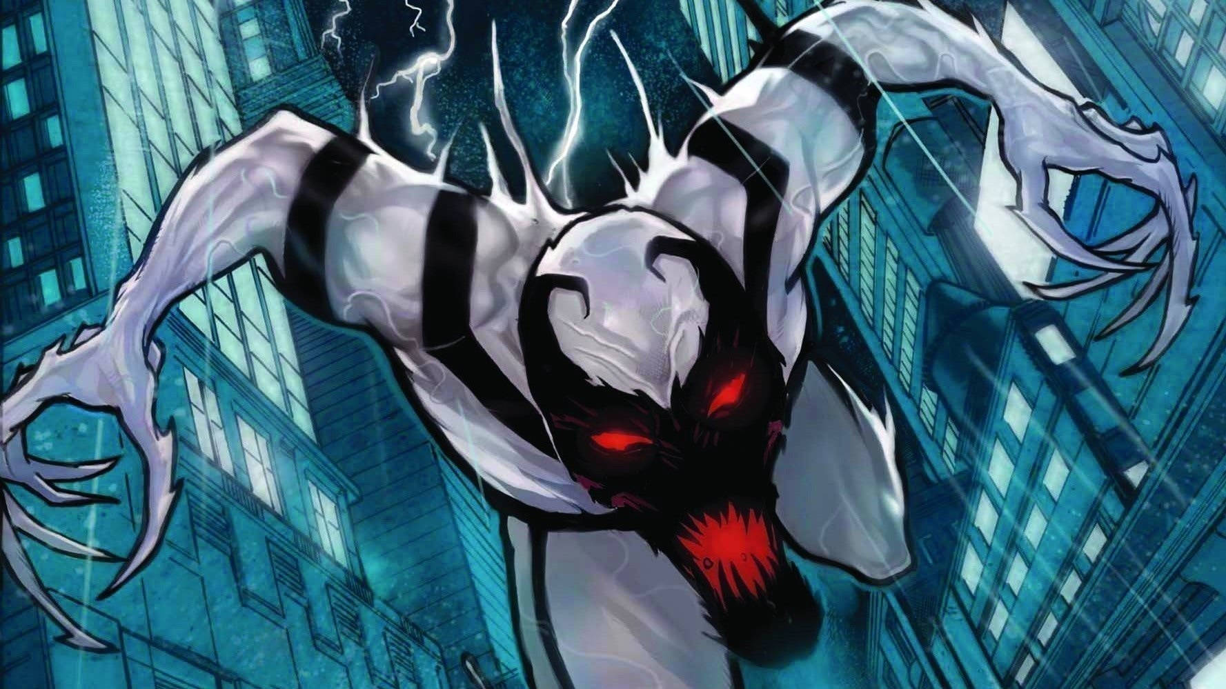 反毒液《新死法》經典海報 壁紙 — Venom 穿越暴風雨的城市景觀，雙眼發出紅光，閃電在他共生體形態周圍噼啪作響。