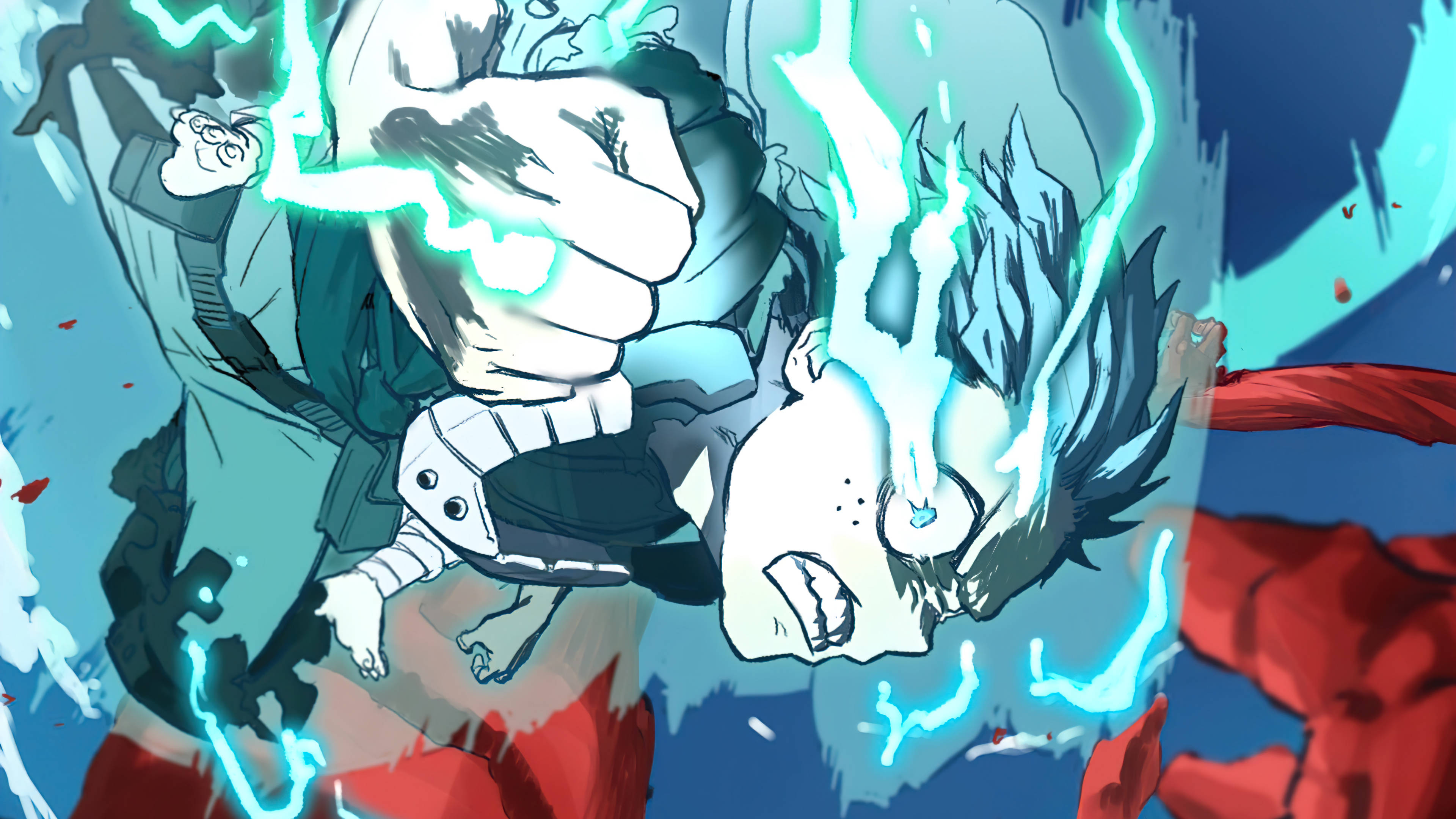 反派 Deku 全力戰鬥模式的激烈動作畫面 壁紙 — 一個動漫角色在充滿動感的動作場景中，釋放出發光的藍色能量拳，背景帶有紅色和藍色元素。