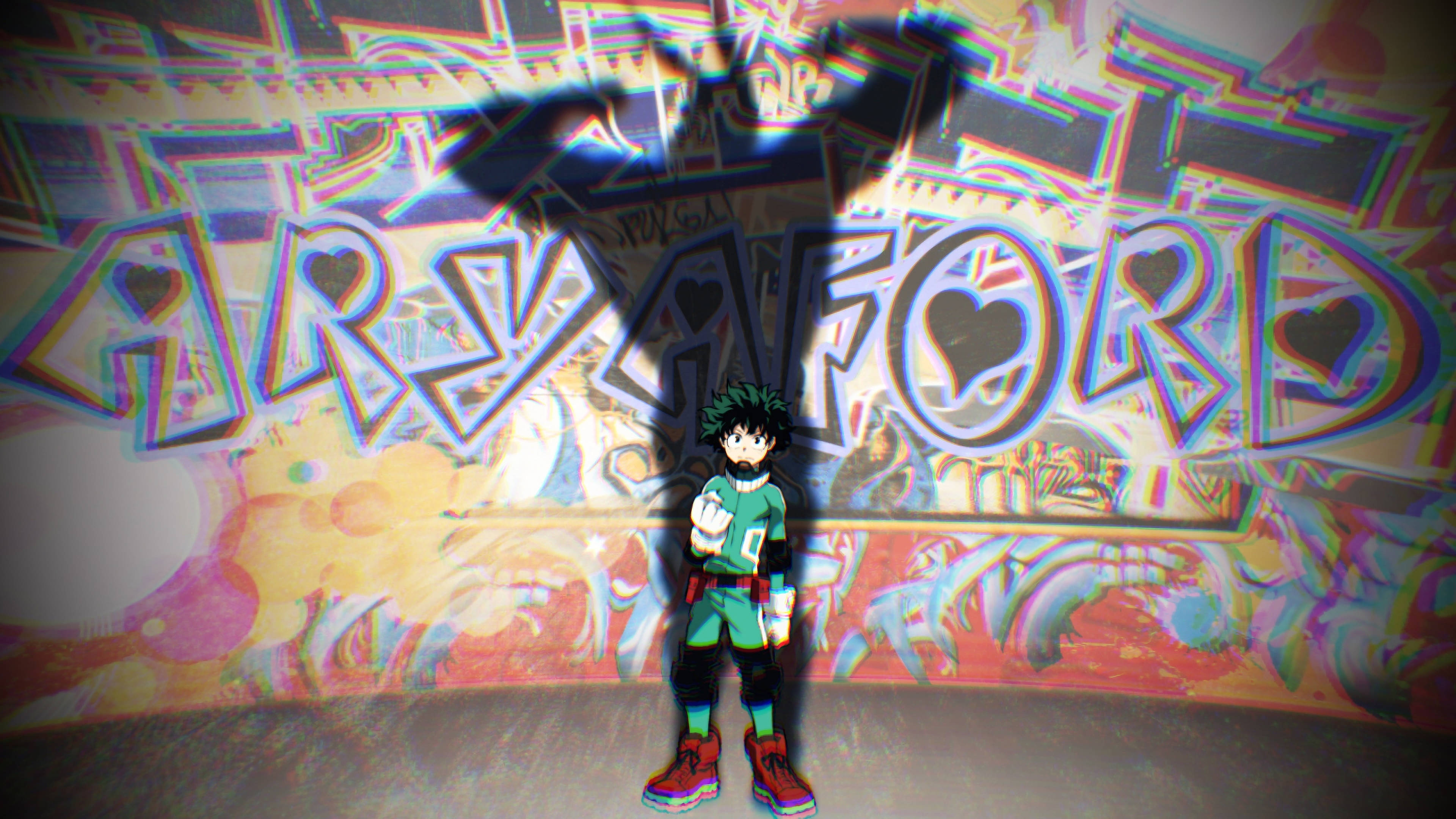 反派 Deku 壁畫風格同人藝術 壁紙 — 一個綠髮動畫男孩站在充滿活力的塗鴉牆前，他的影子在他身後被放大並風格化。