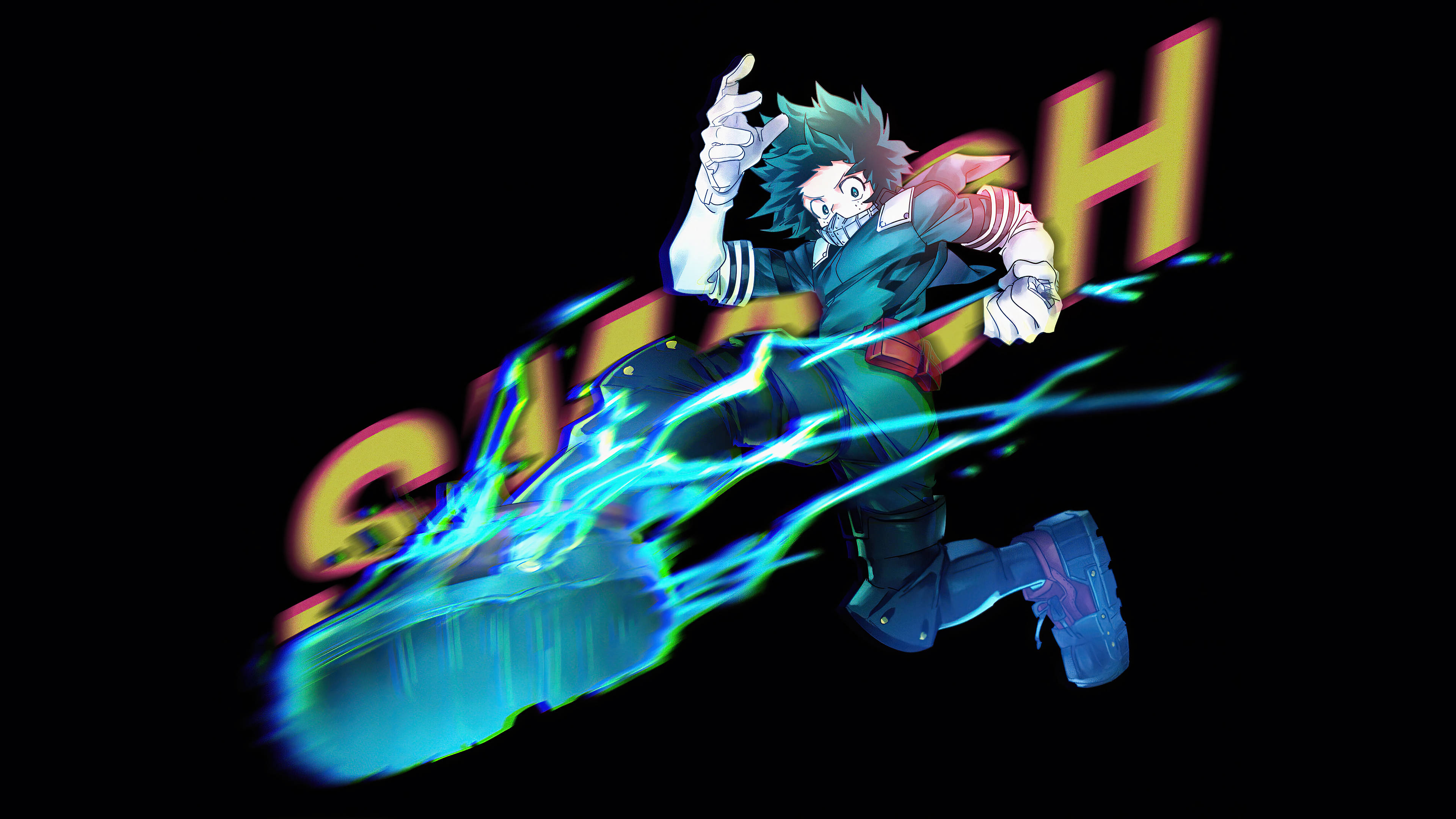 反派 Deku 德拉瓦州擊打藝術 壁紙 — 一個充滿動感的動漫角色，有著尖刺的綠色頭髮，在黑色背景上釋放出發光的藍色能量爆炸，並帶有風格化的「SMASH」文字。