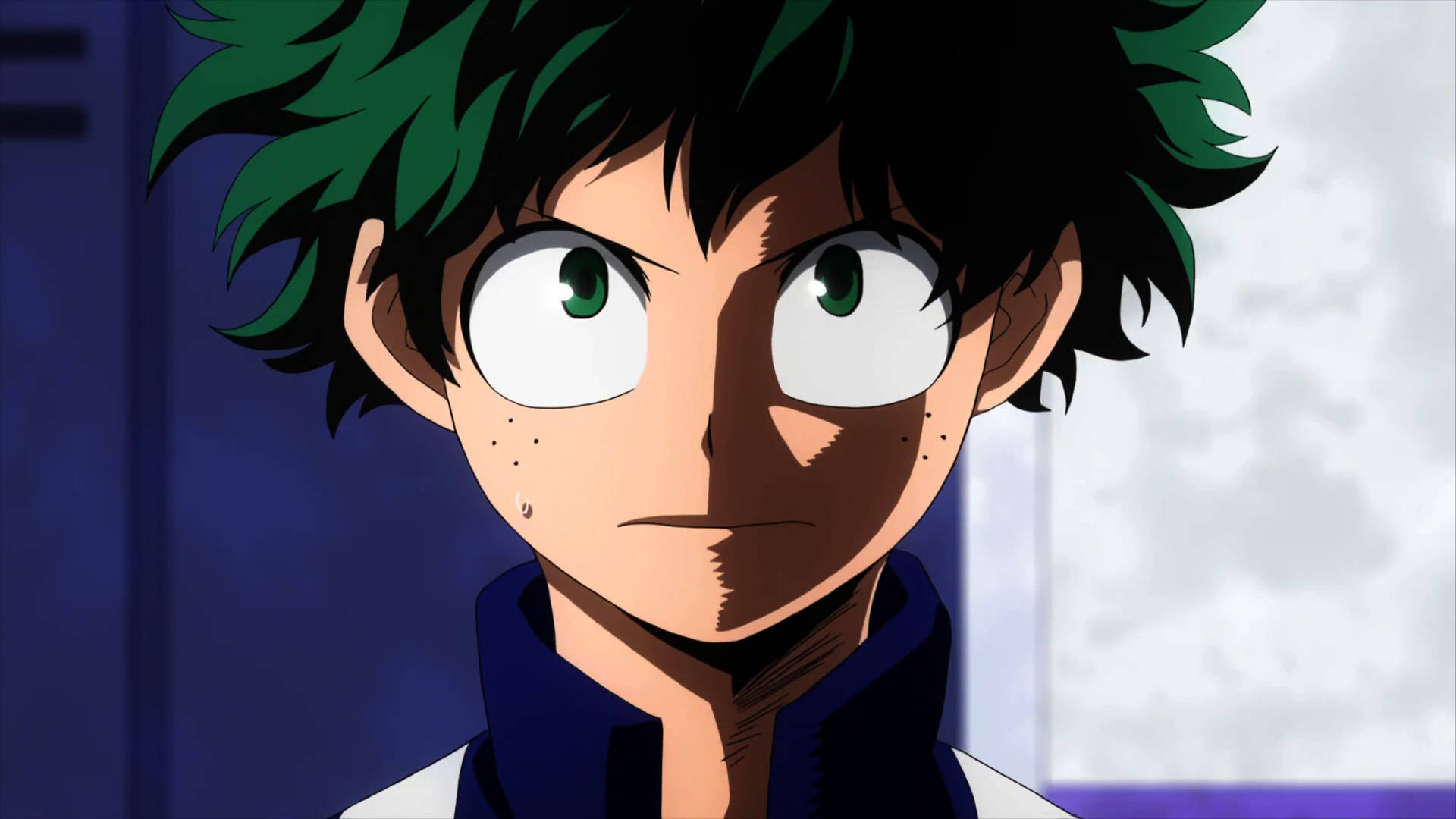反派 Deku《我的英雄學院》角色 壁紙 — 一個決心堅定的動漫男孩特寫，他有綠色和黑色的尖刺頭髮，以及一雙睜大的綠色眼睛，正專注地向前凝視。