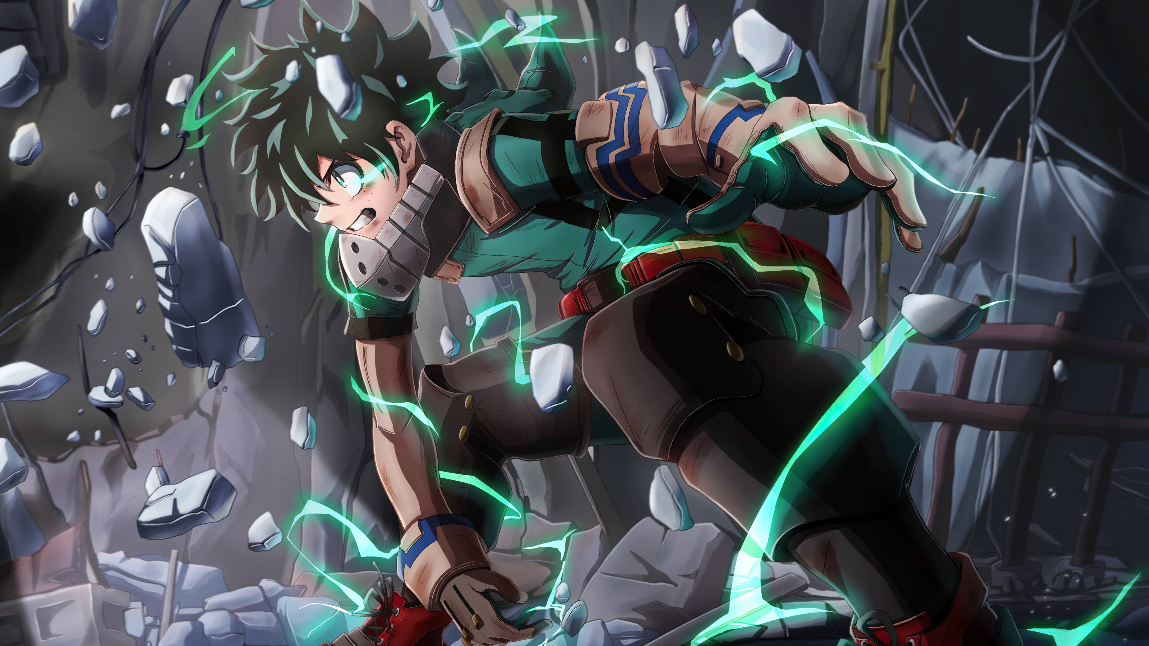 反派 Deku 擊碎岩石 壁紙 — 一位身穿綠色和棕色裝備的動態動漫英雄，透過破碎的混凝土碎片引導發光的綠色能量。