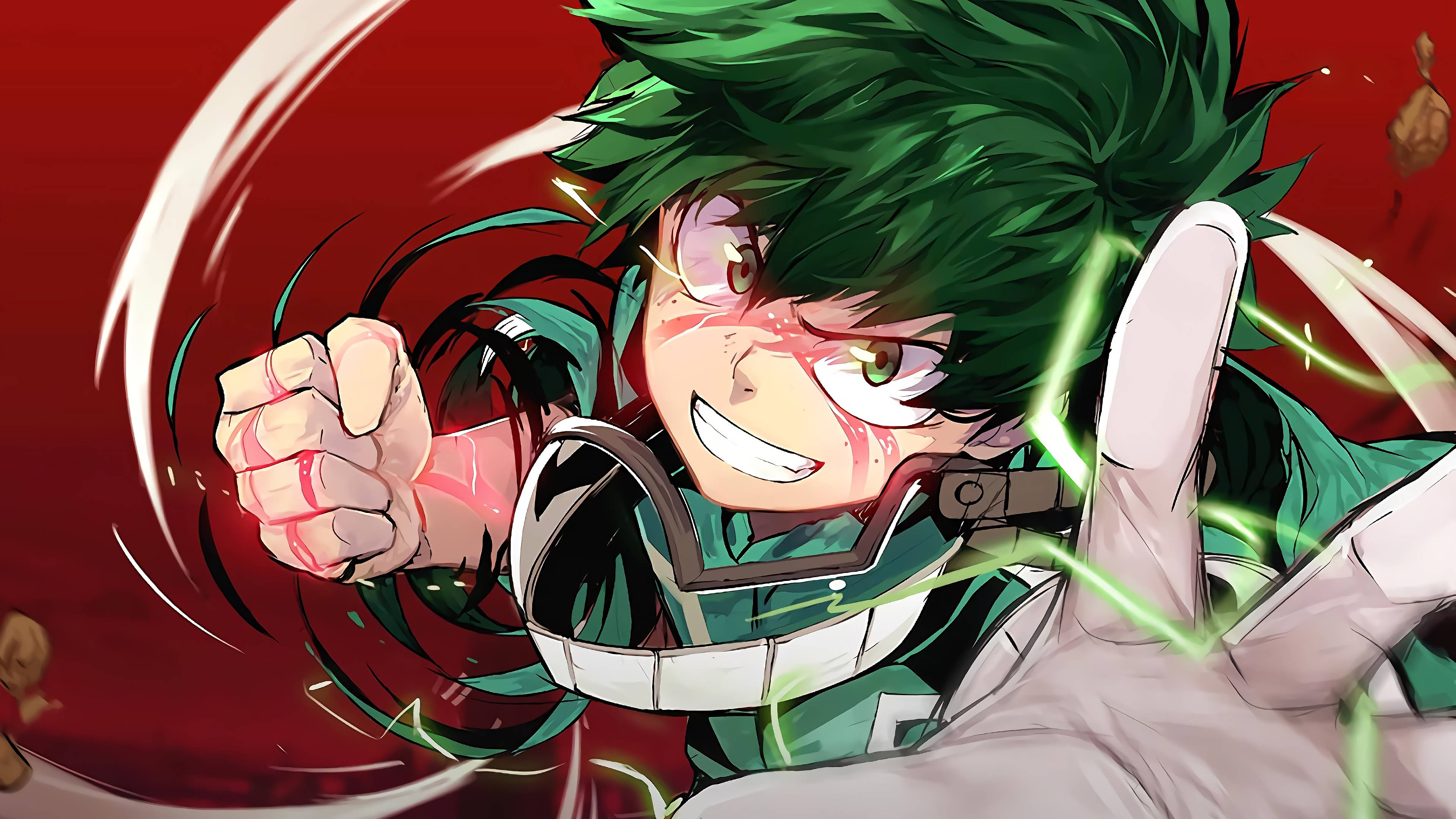 反派 Deku - 施放德拉瓦州拳擊經典擊打姿勢 壁紙 — 一個充滿動感的動漫角色，擁有綠色頭髮和發光的眼睛，在旋轉的紅色背景上向前出拳。