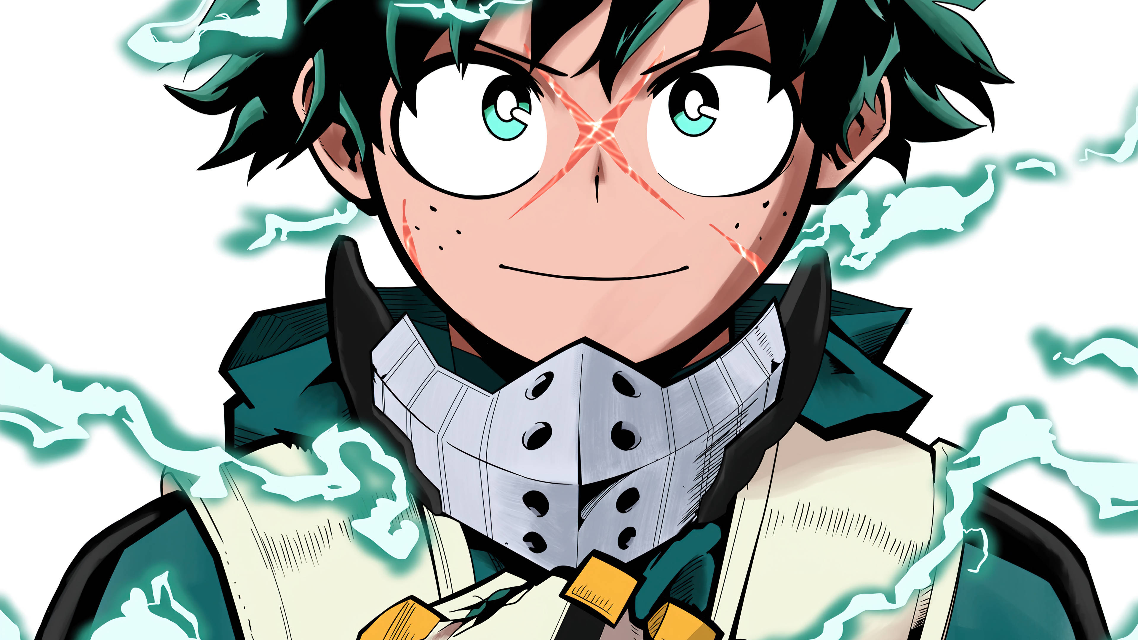 反派 Deku 的迷人凝視 壁紙 — 擁有綠色頭髮和發光眼睛的動漫英雄，被電藍色能量爆發包圍。