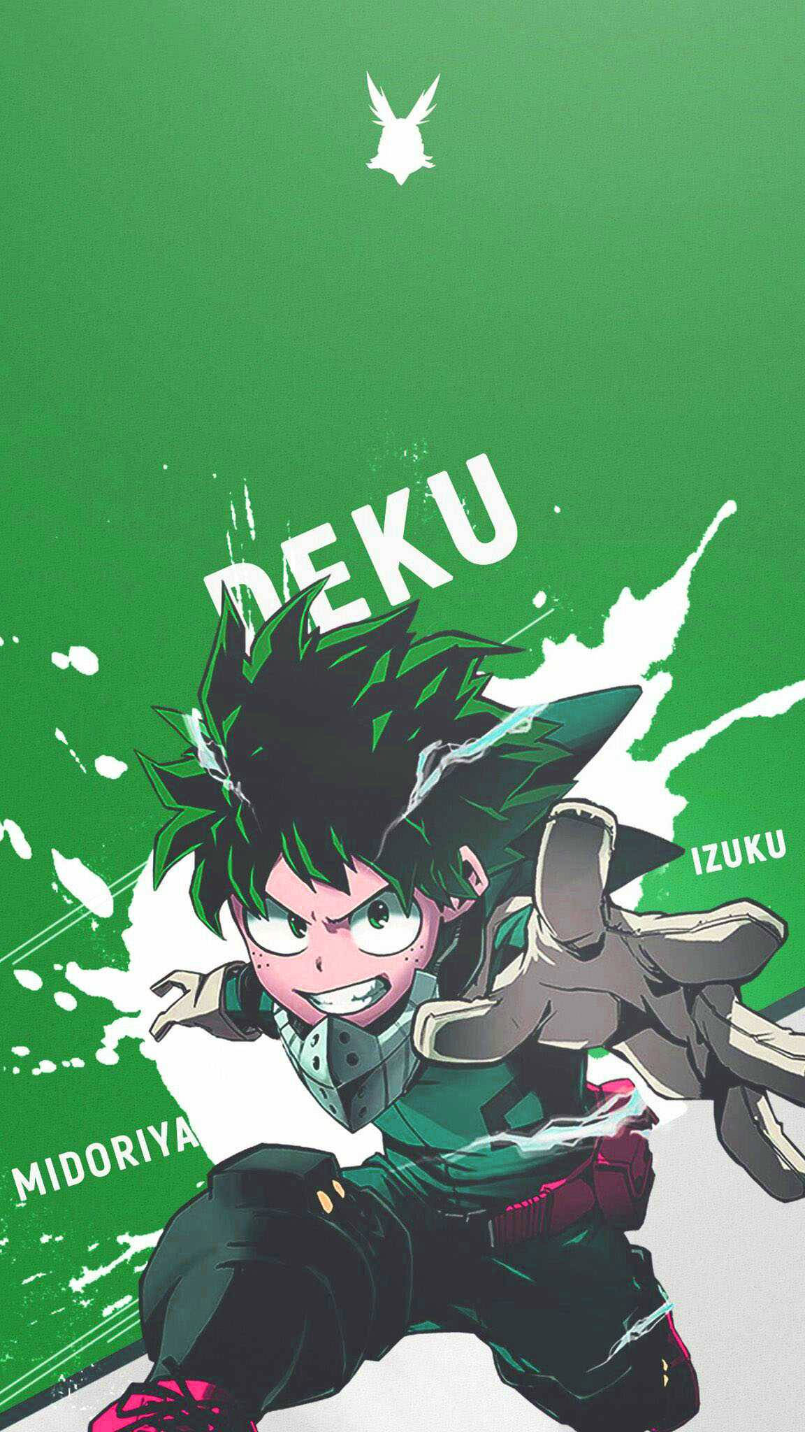 反派 Deku 綠谷出久動作姿勢 壁紙 — 動漫角色Deku以動態姿勢呈現，背景為充滿活力的綠色，帶有白色飛濺效果和他的名字文字。