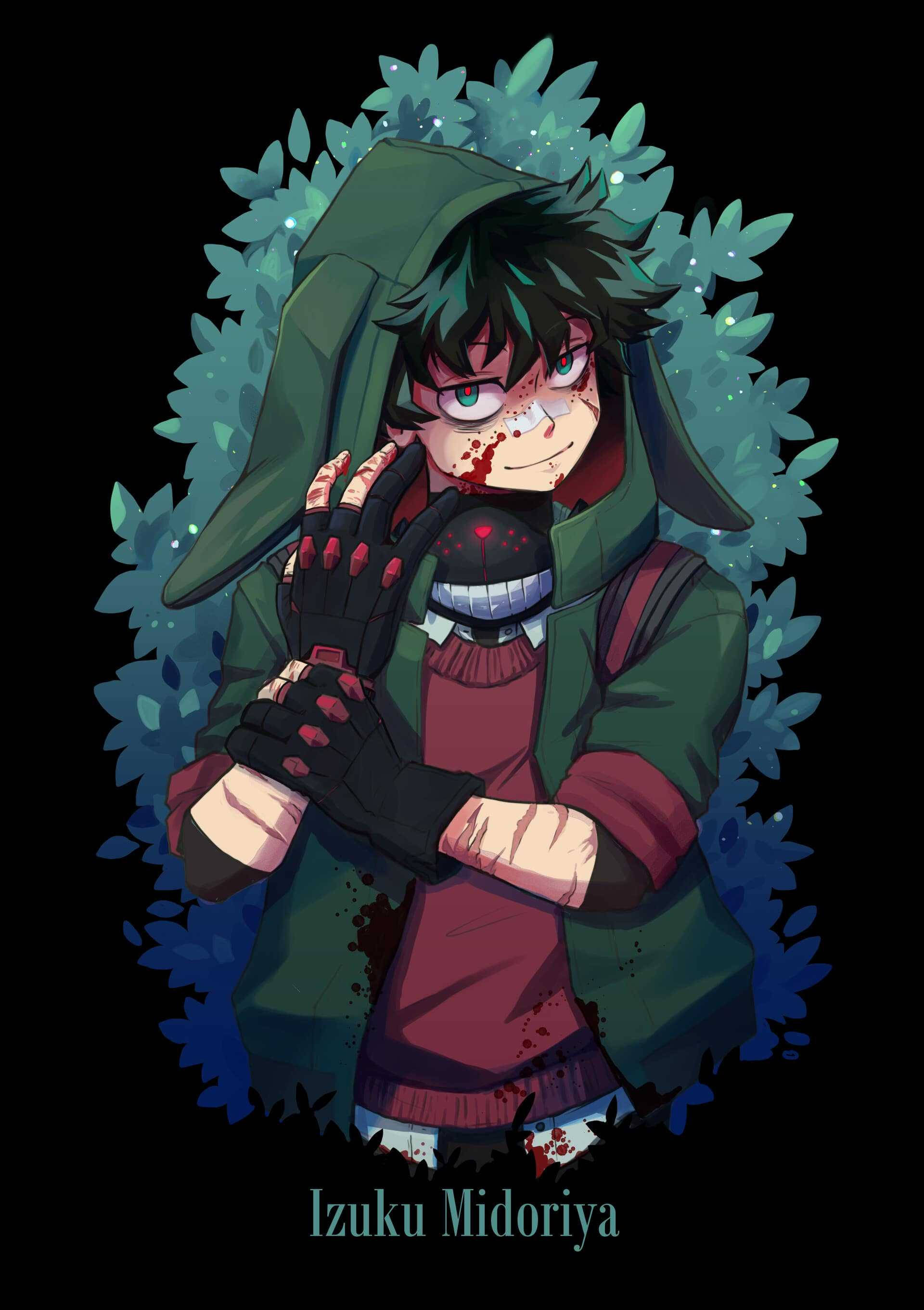 反派 Deku 綠谷出久邪惡笑容 壁紙 — 一個血跡斑斑的動漫男孩穿著綠色連帽斗篷，在黑色背景中發光的藍色樹葉間拿著一個面具武器。